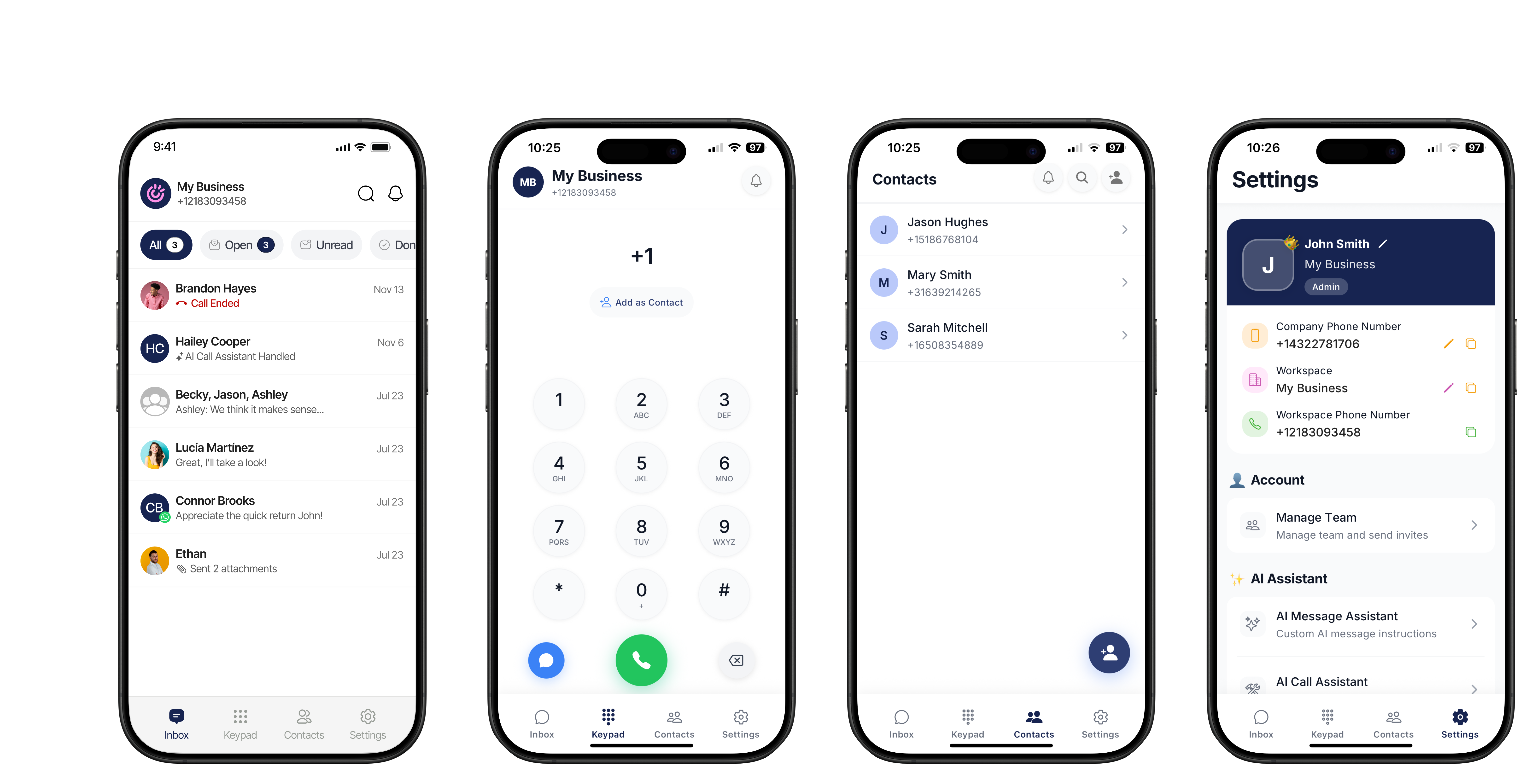 Screenshots of Ringo's four main screens showing basic functions of the app