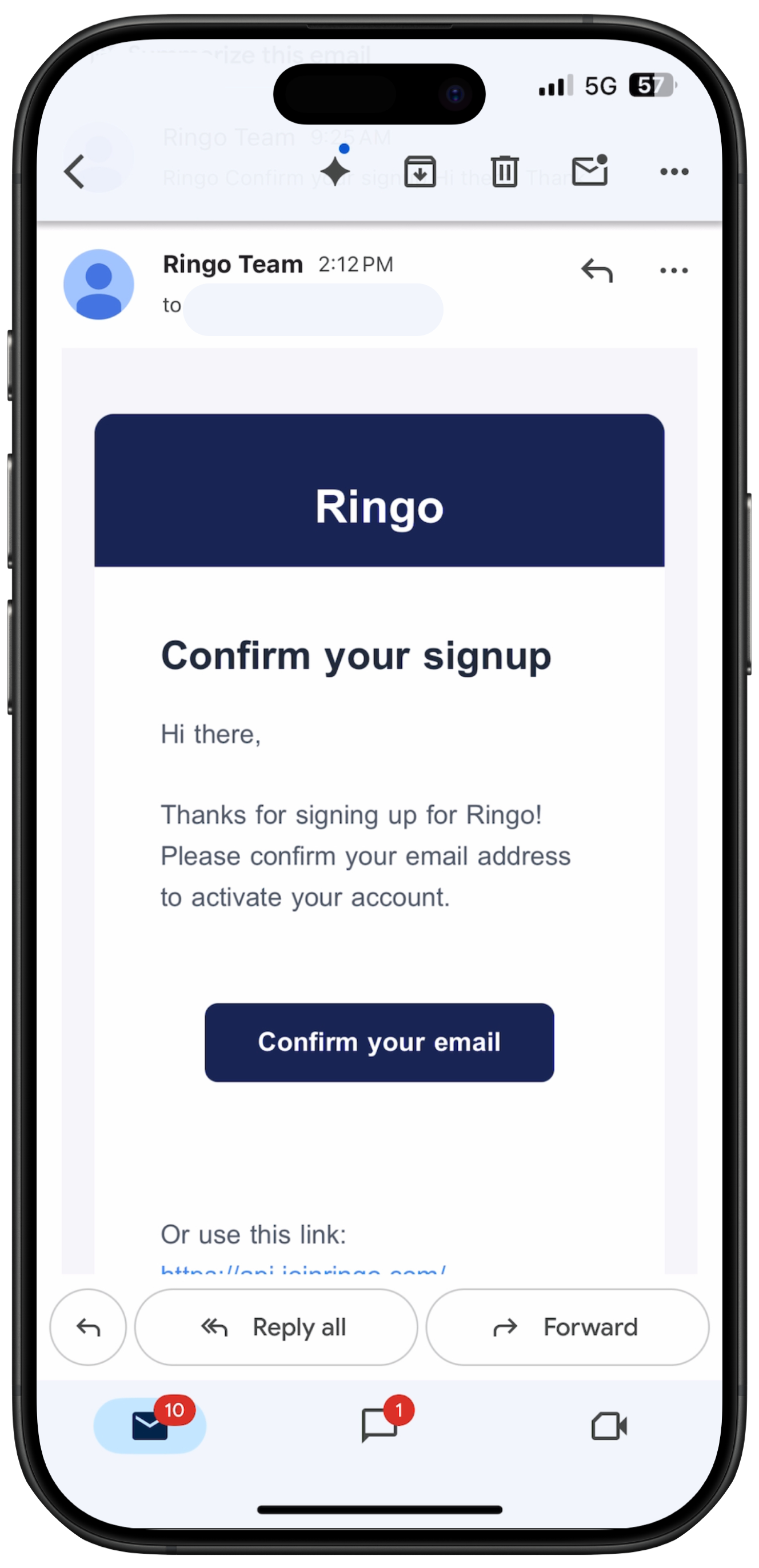 Screenshot of email confirmation for Ringo