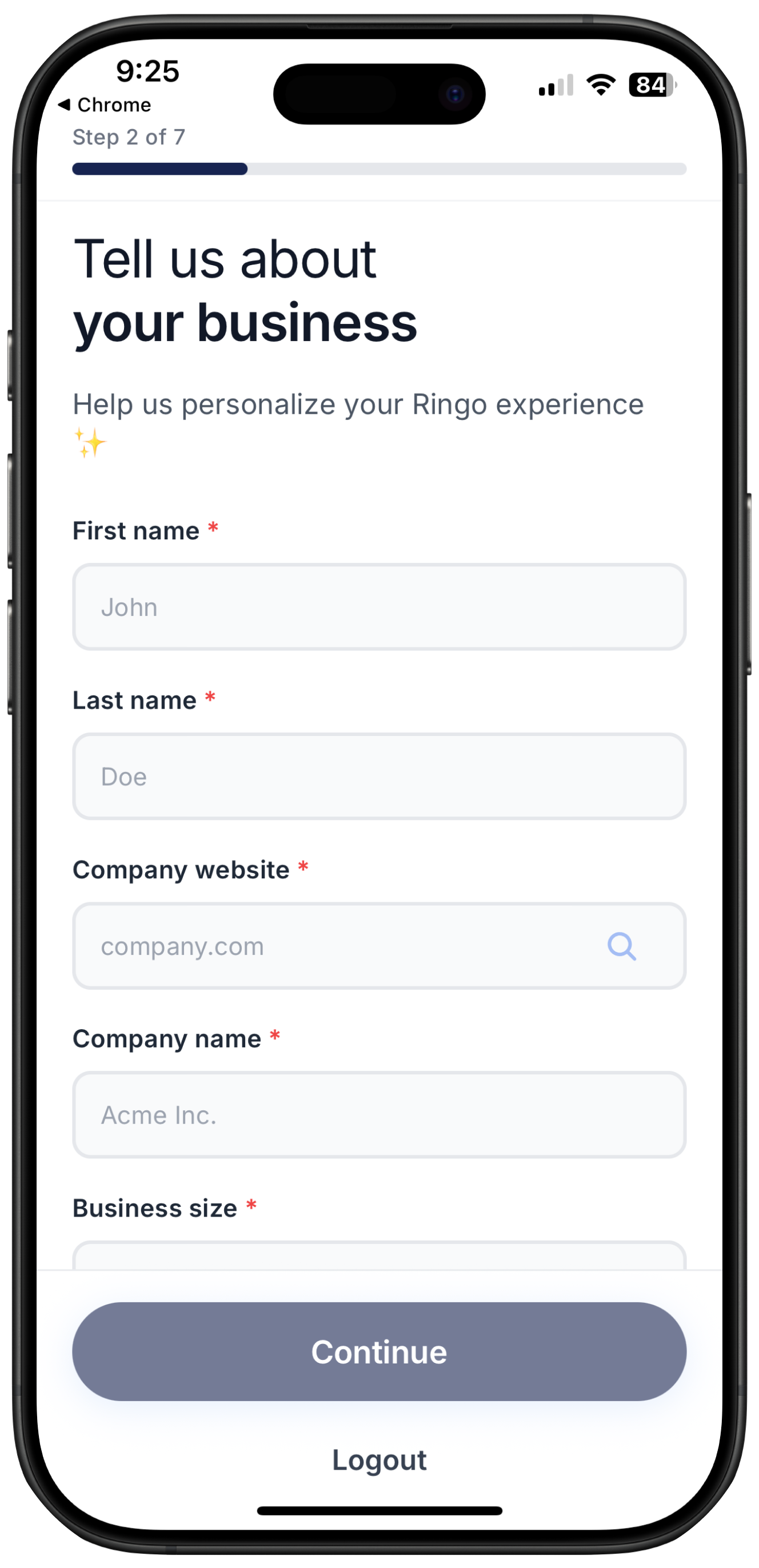 Screenshot of Ringo's onboarding flow