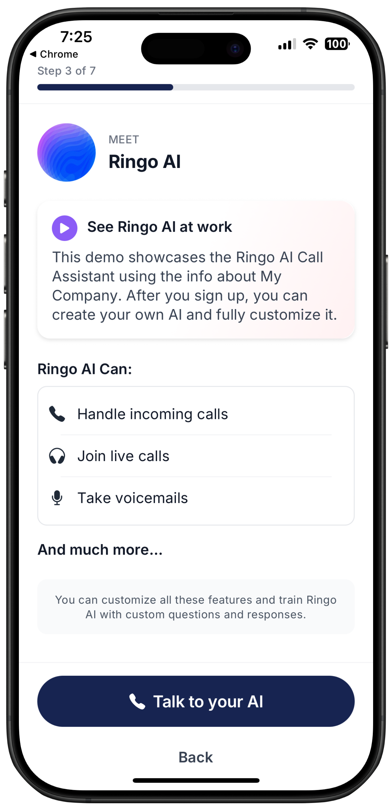 Screenshot of Ringo's onboarding flow with AI Call Assistant