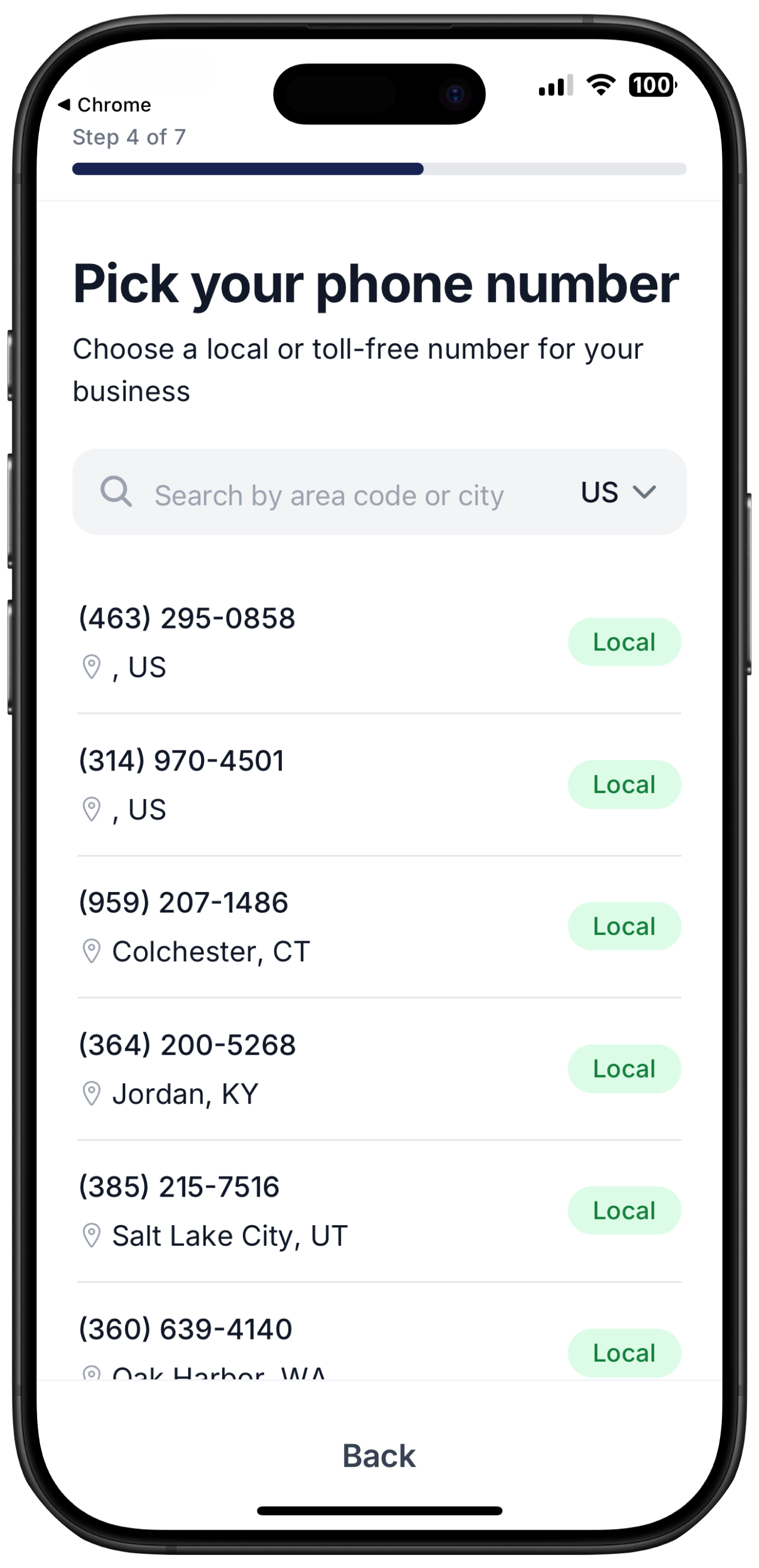Screenshot of Ringo's onboarding flow where people need to pick a phone number