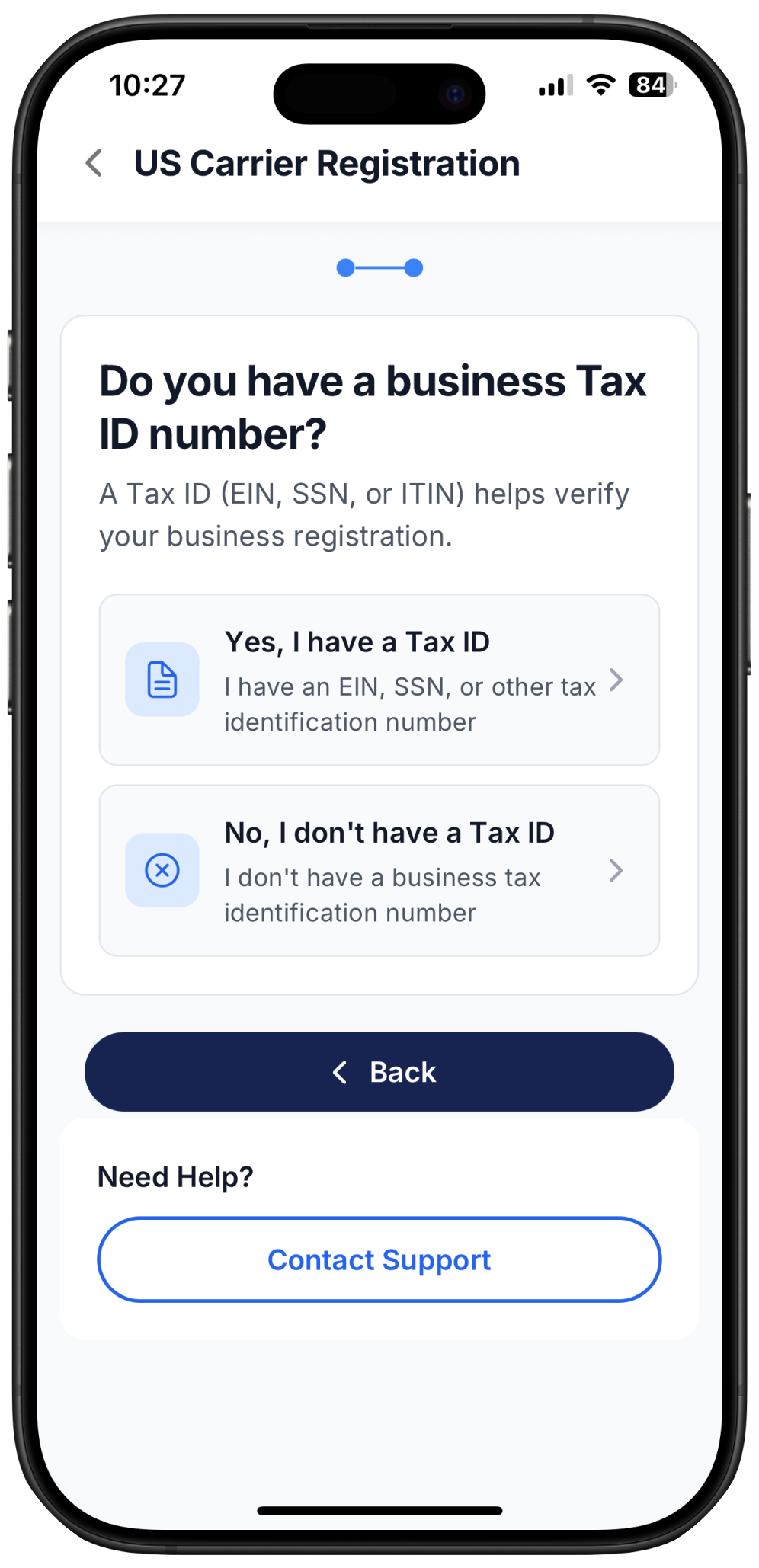 screenshot showing to pick if you are have an EIN/Tax ID number or not on carrier registration with Ringo