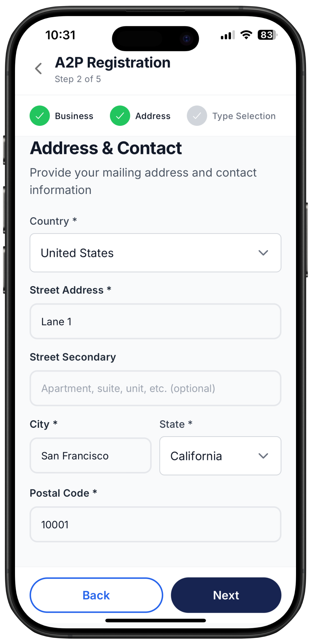 Screenshot of address information needed to complete 10DLC registration with Ringo
