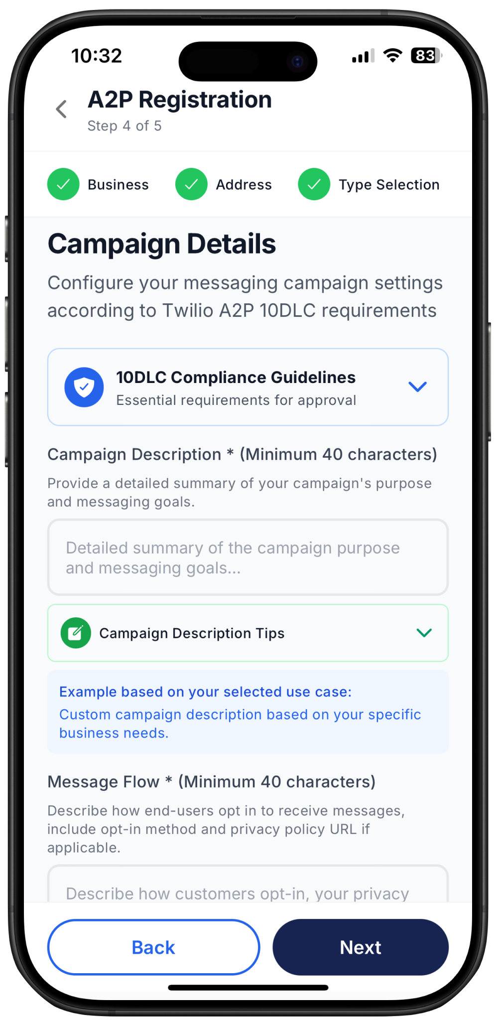 screenshot showing place to insert campaign description to complete 10DLC registration with Ringo