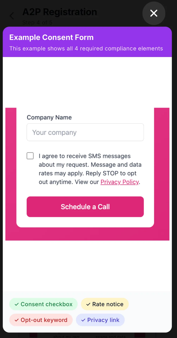 screenshot of consent form for 10DLC registration