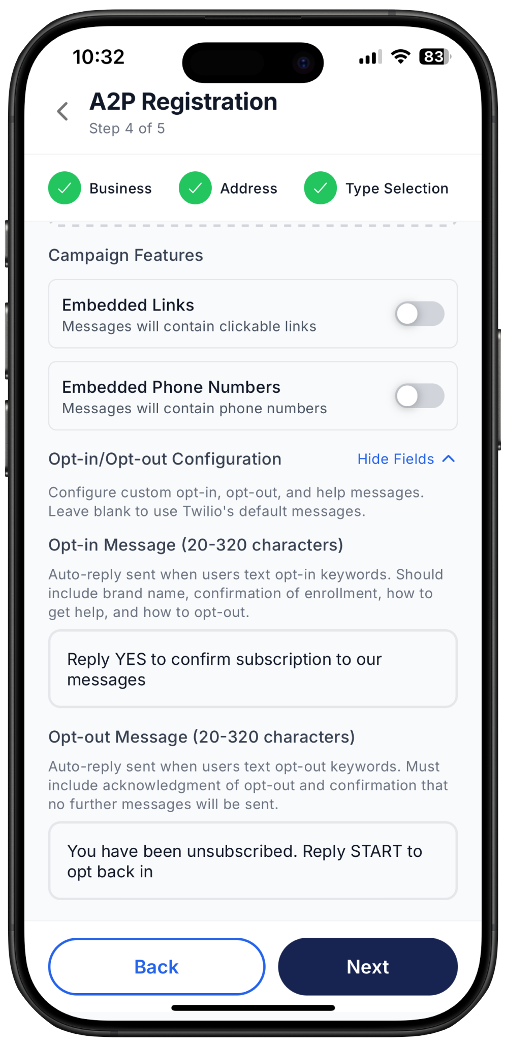 screenshot showing place to insert opt-in and out configuration to complete 10DLC registration with Ringo