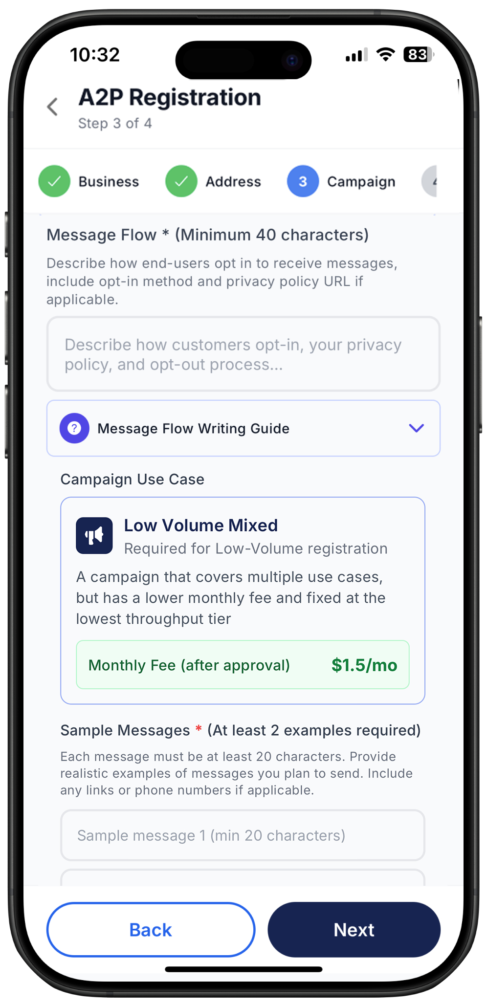 Message flow in 10DLC registration