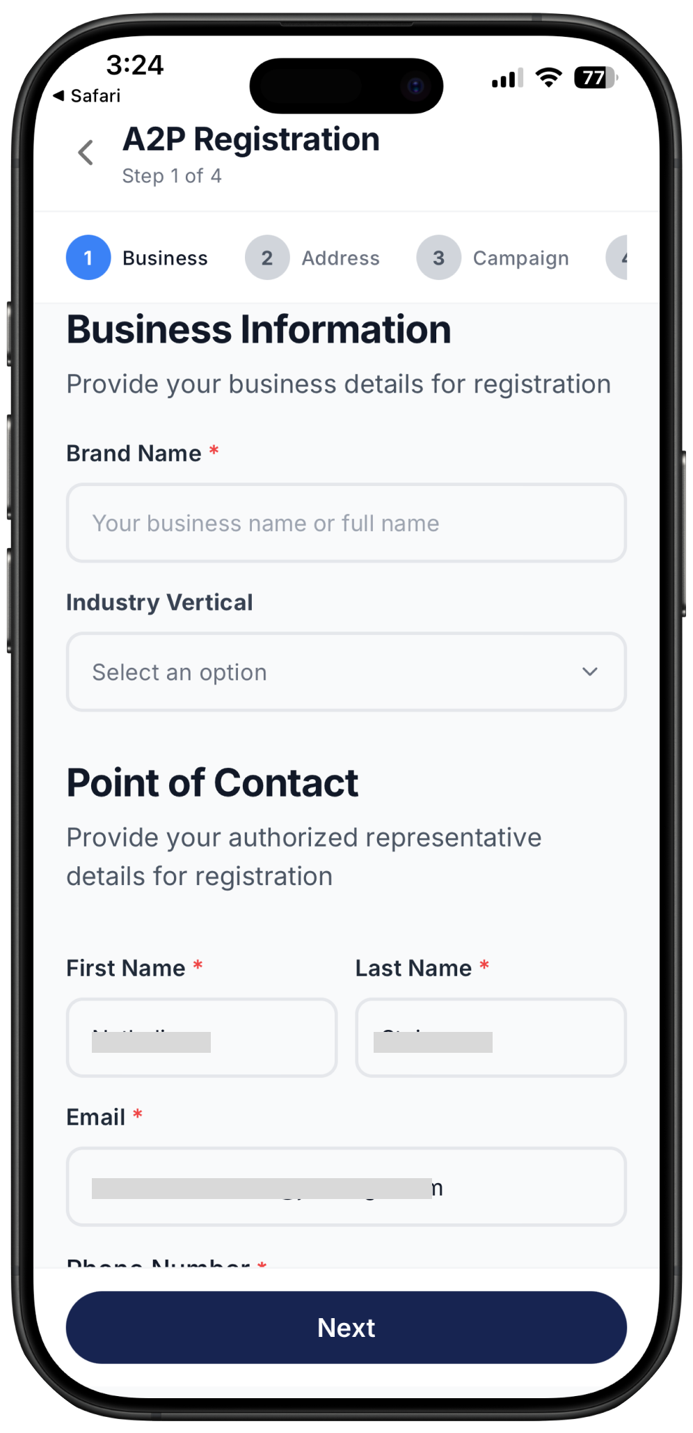 Business information on 10DLC registration on Ringo app