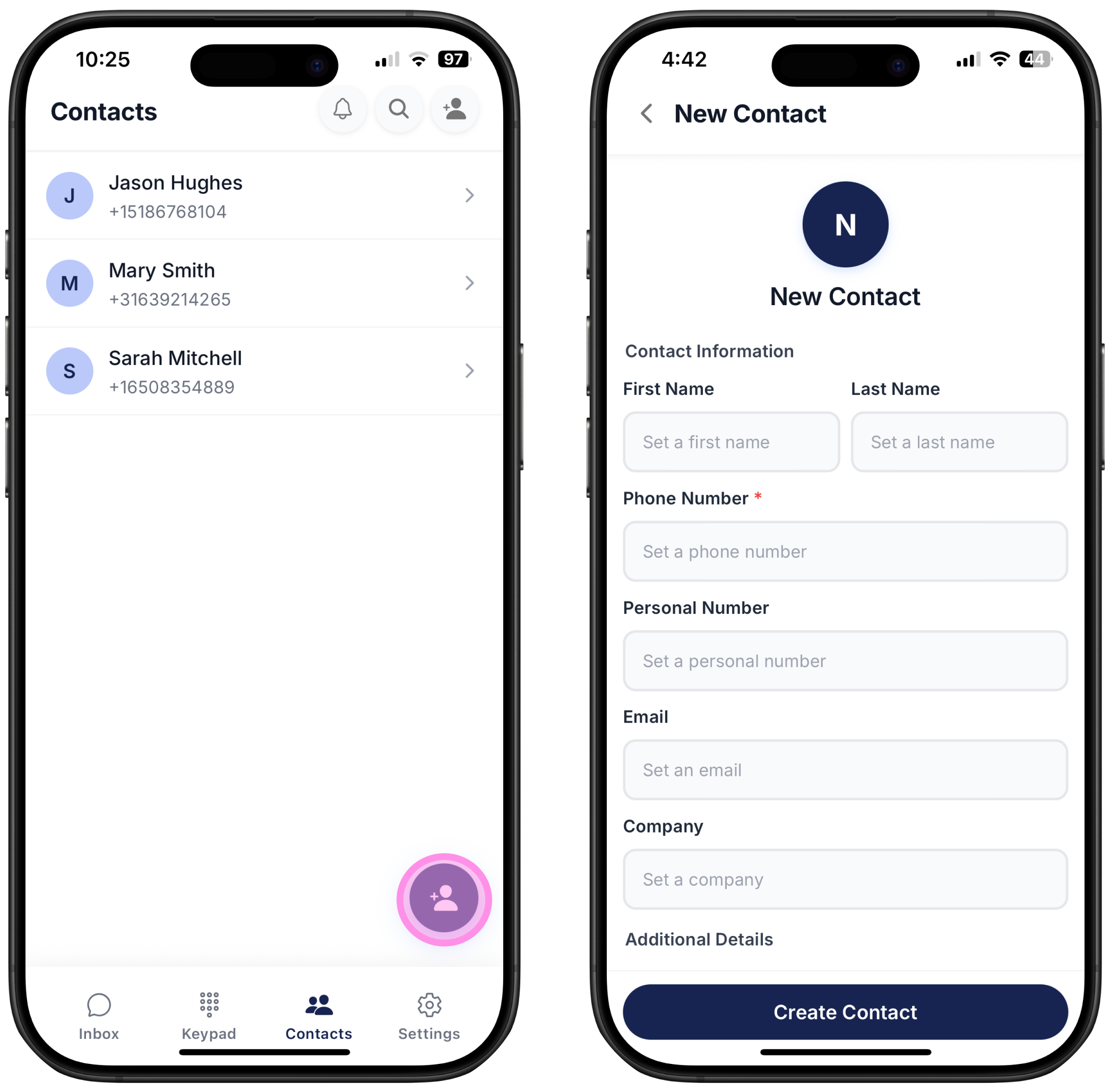 two screenshots on how to add a new contact in Ringo