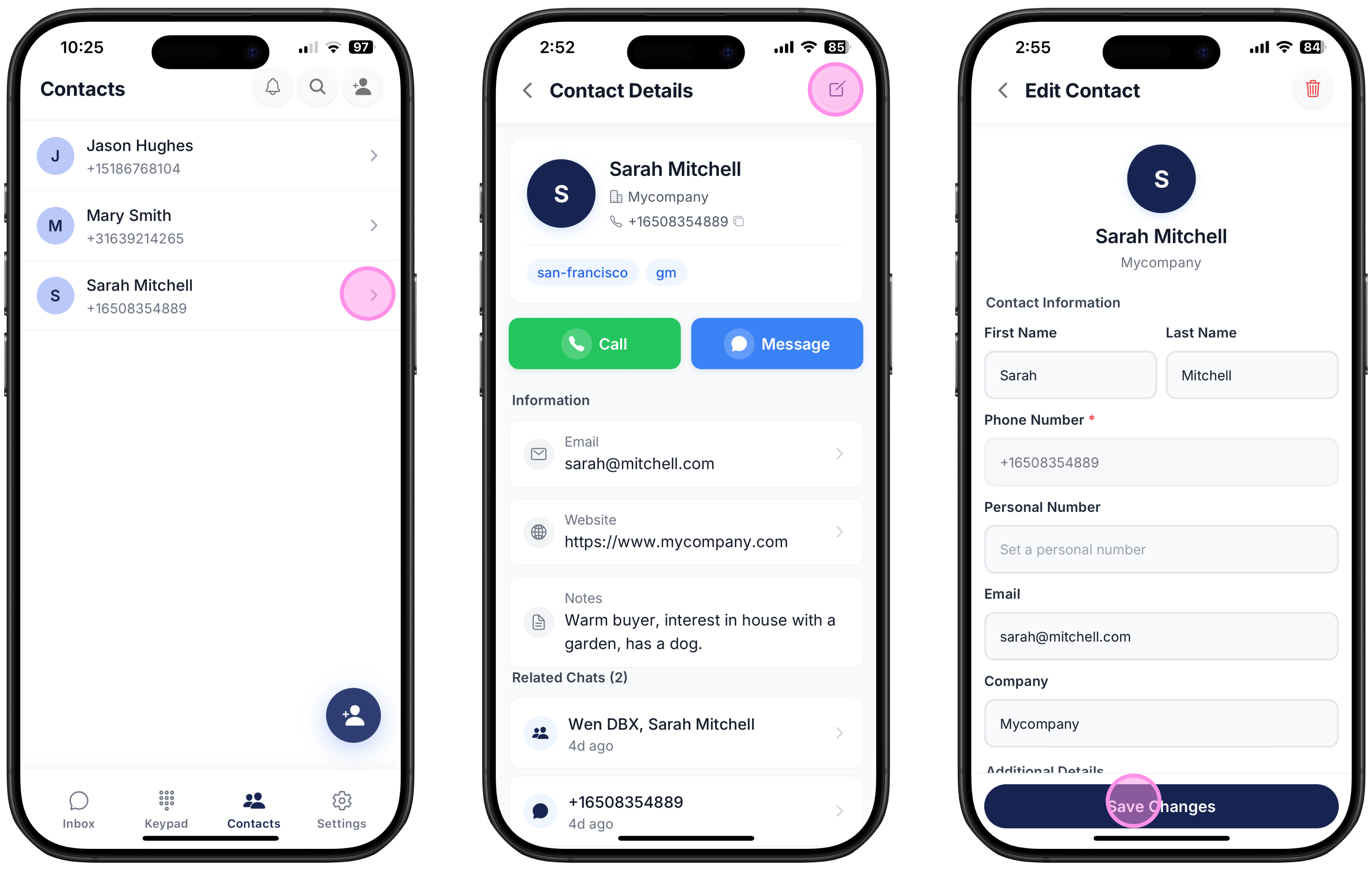 three screenshots on how to edit a contact via the contacts tab on Ringo