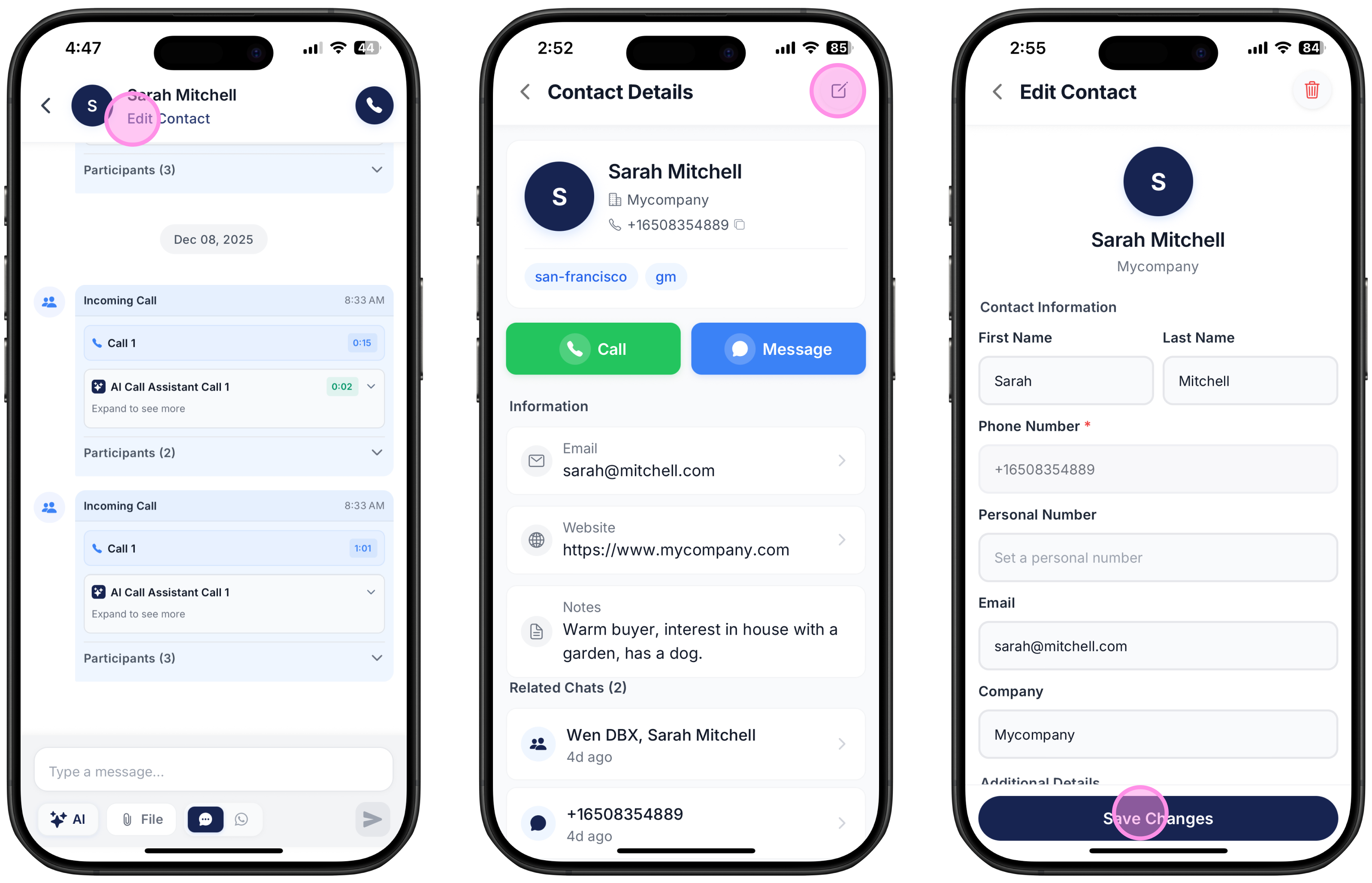 three screenshots on how to edit a contact from the inbox on Ringo