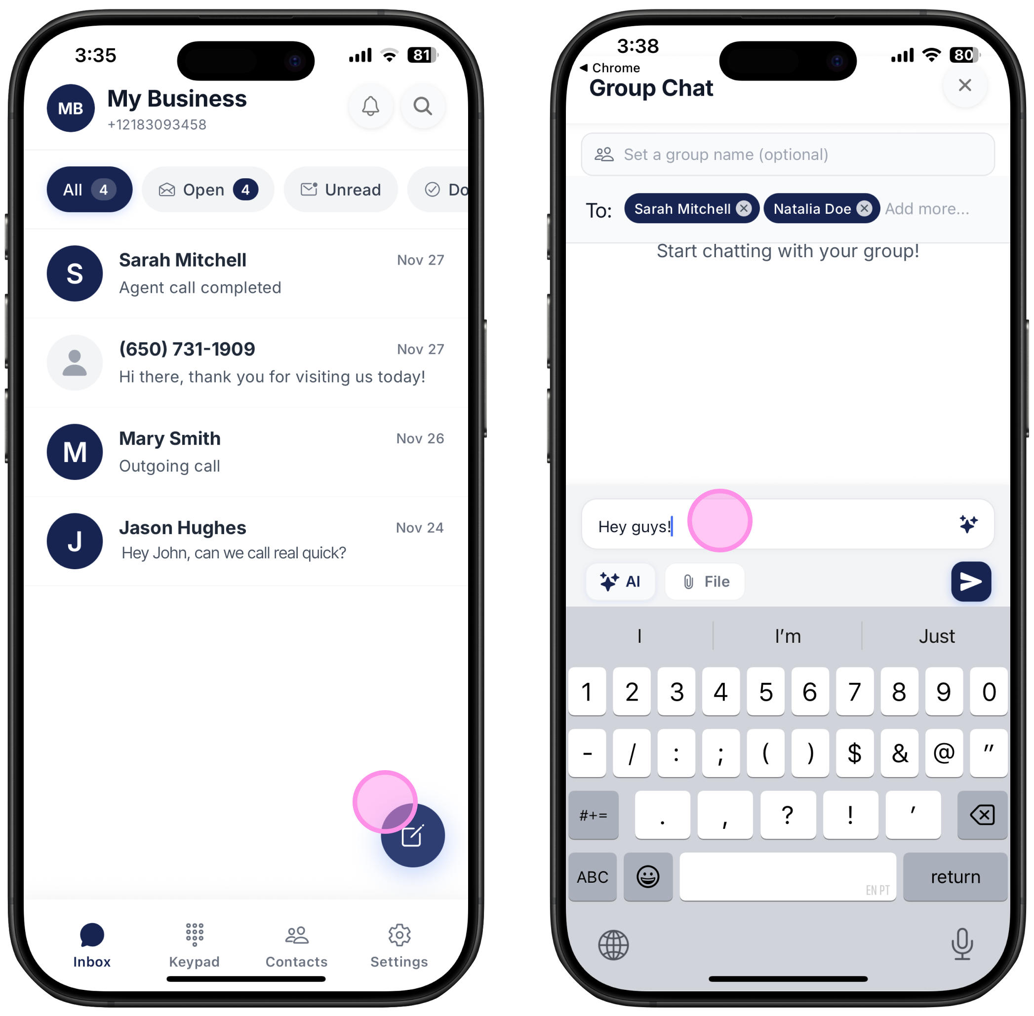Two screenshots on how to start a new group conversation on Ringo