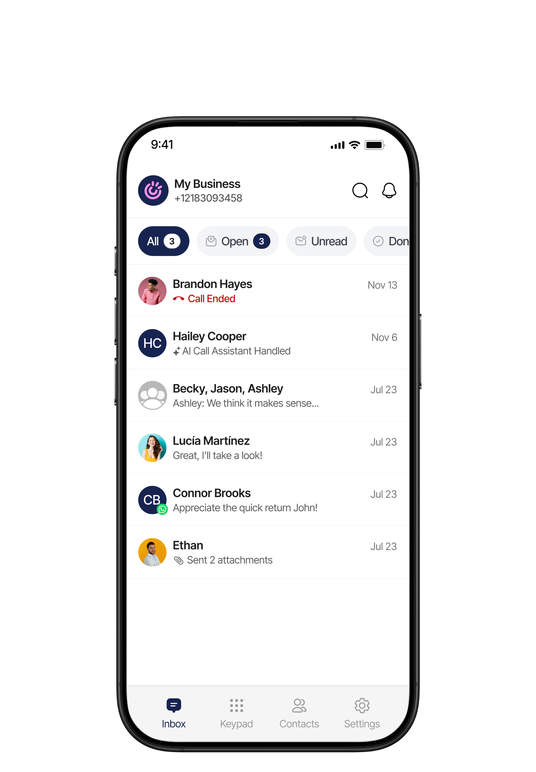 Screenshot of Ringo's main inbox