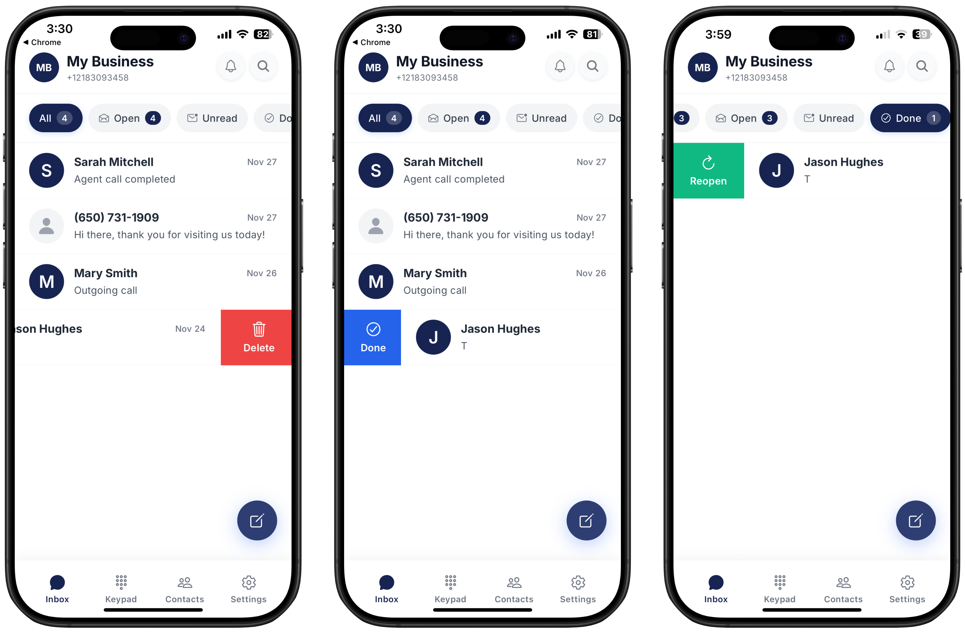 3 screenshots on how to manage contacts on Ringo (delete, done and reopen)