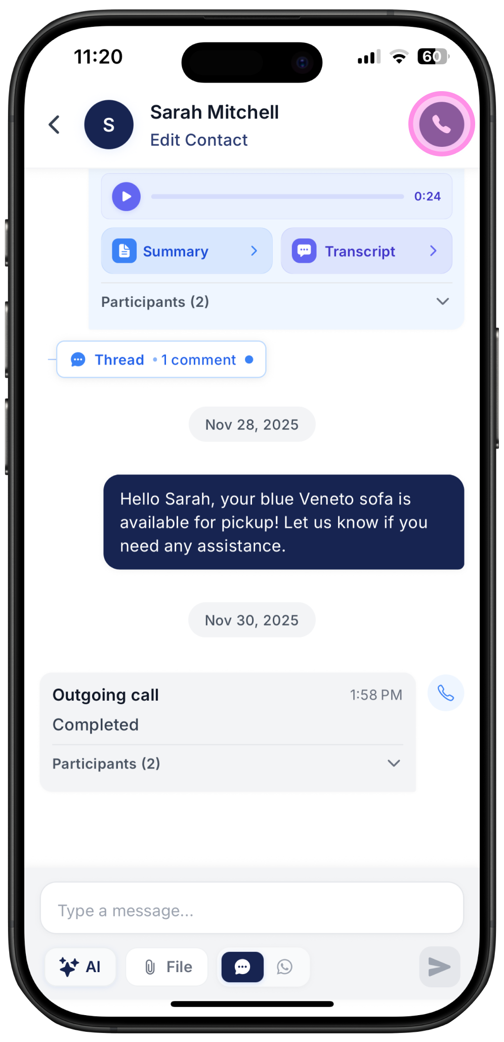screenshot on how to start a call from a customer chat on Ringo