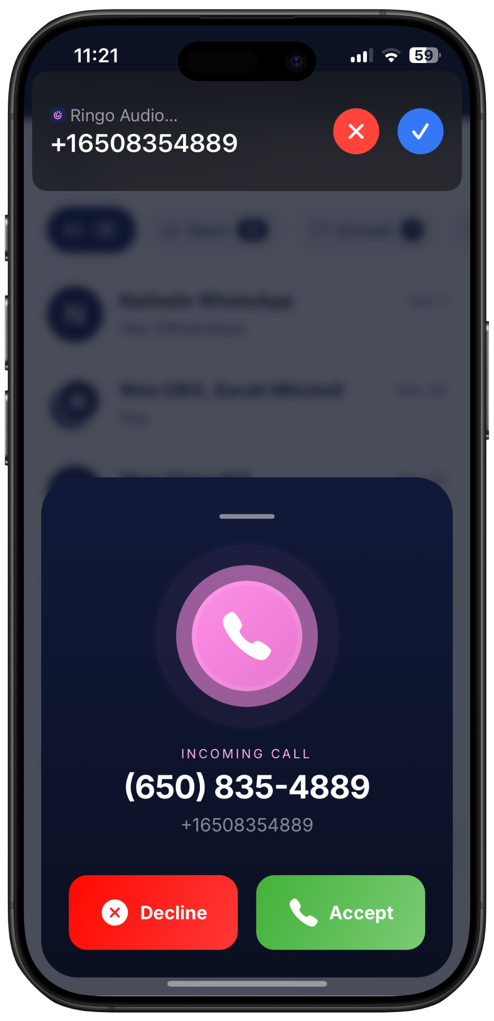 Screenshot of incoming call on Ringo with Accept or Decline button options