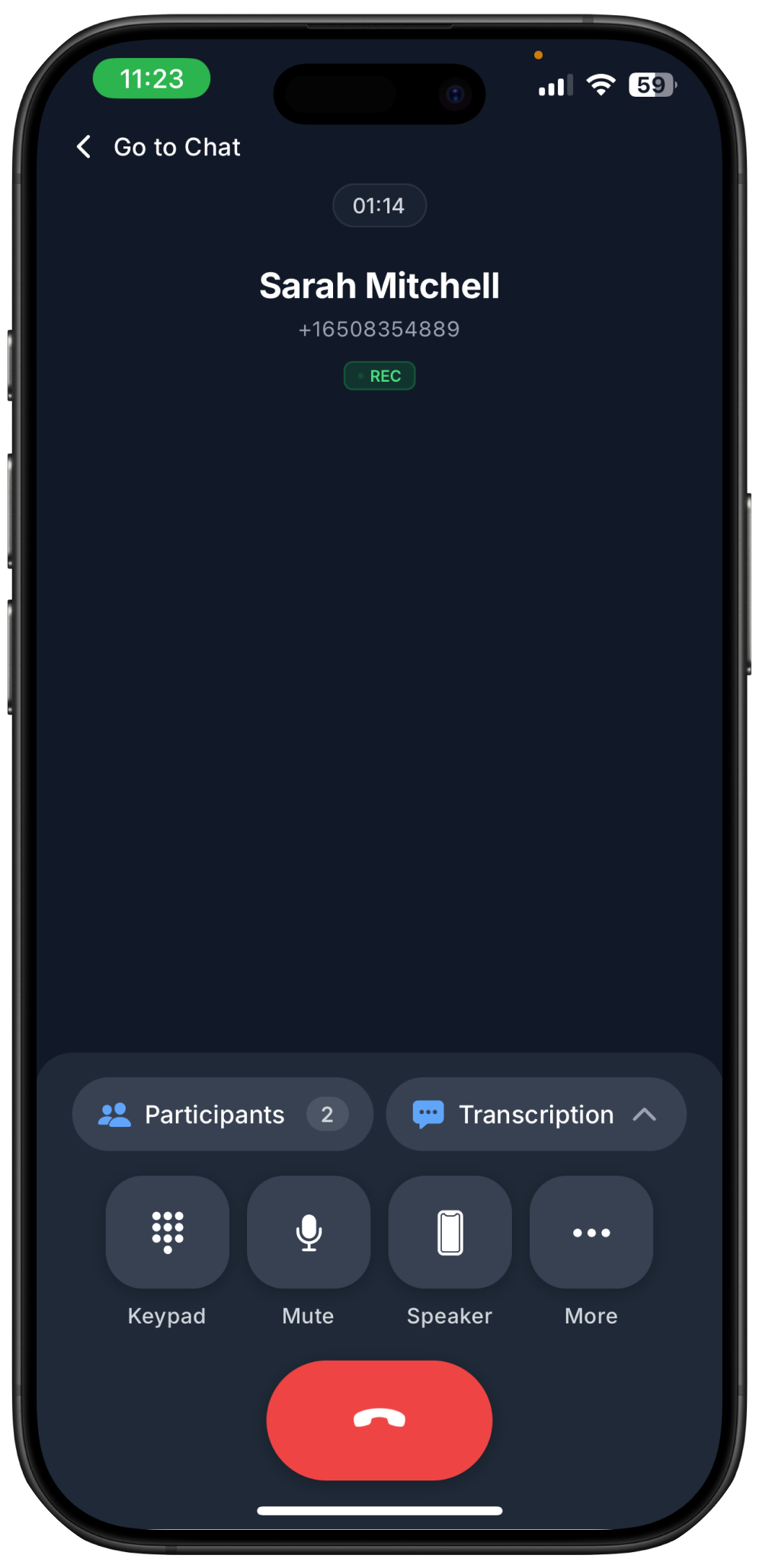 Screenshot of answered call view on Ringo