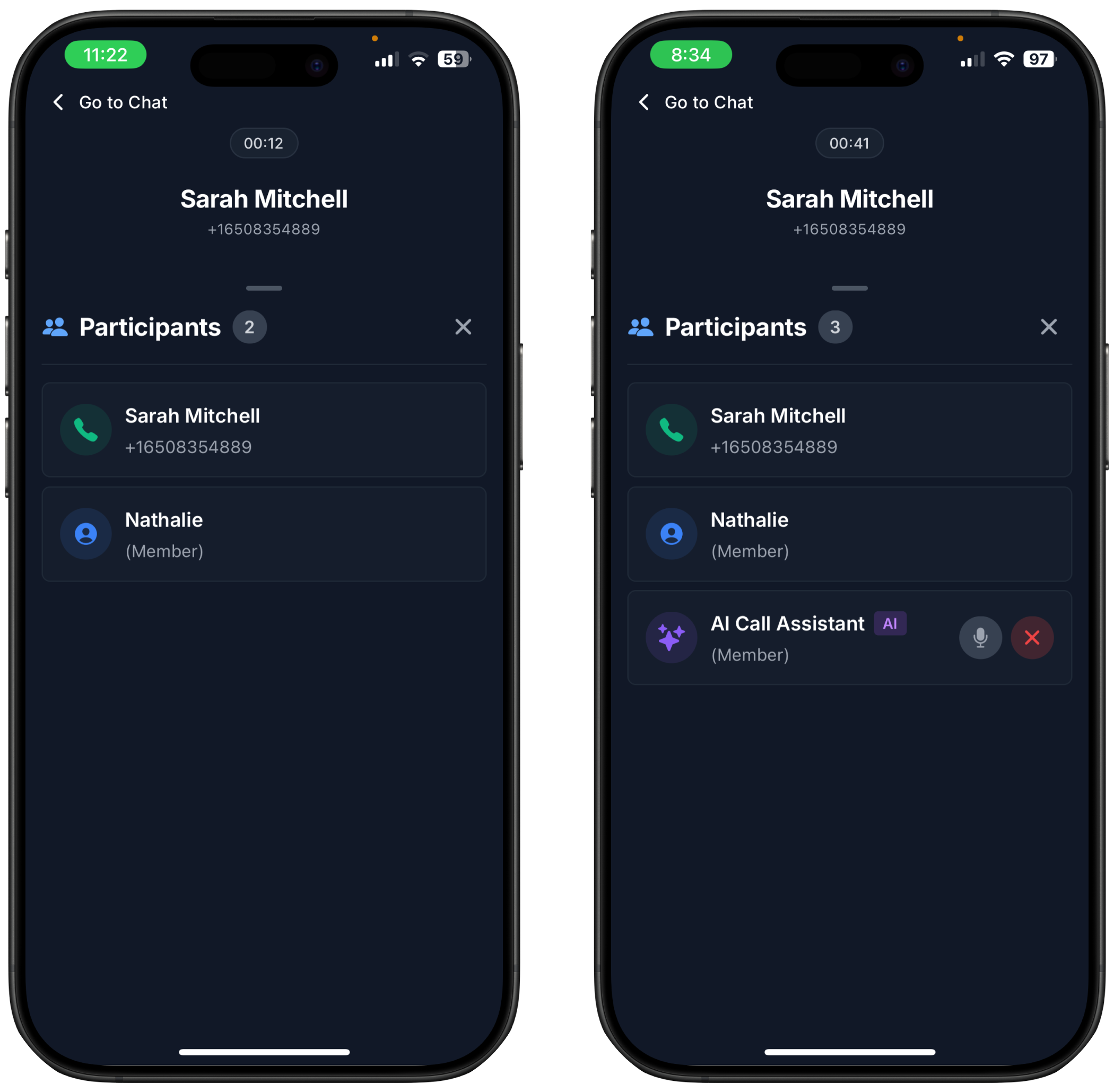 Two screenshots on how to view participants in a call in Ringo
