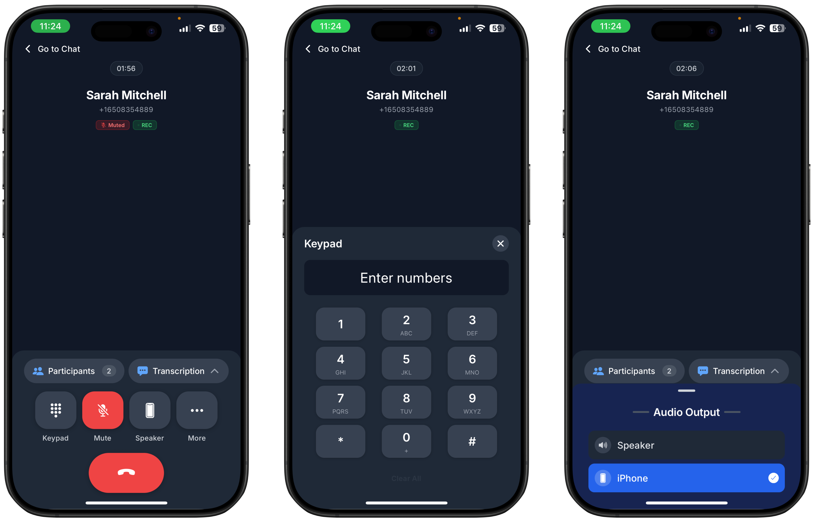 3 screenshots on how to mute, see keypad and put call on speaker on Ringo