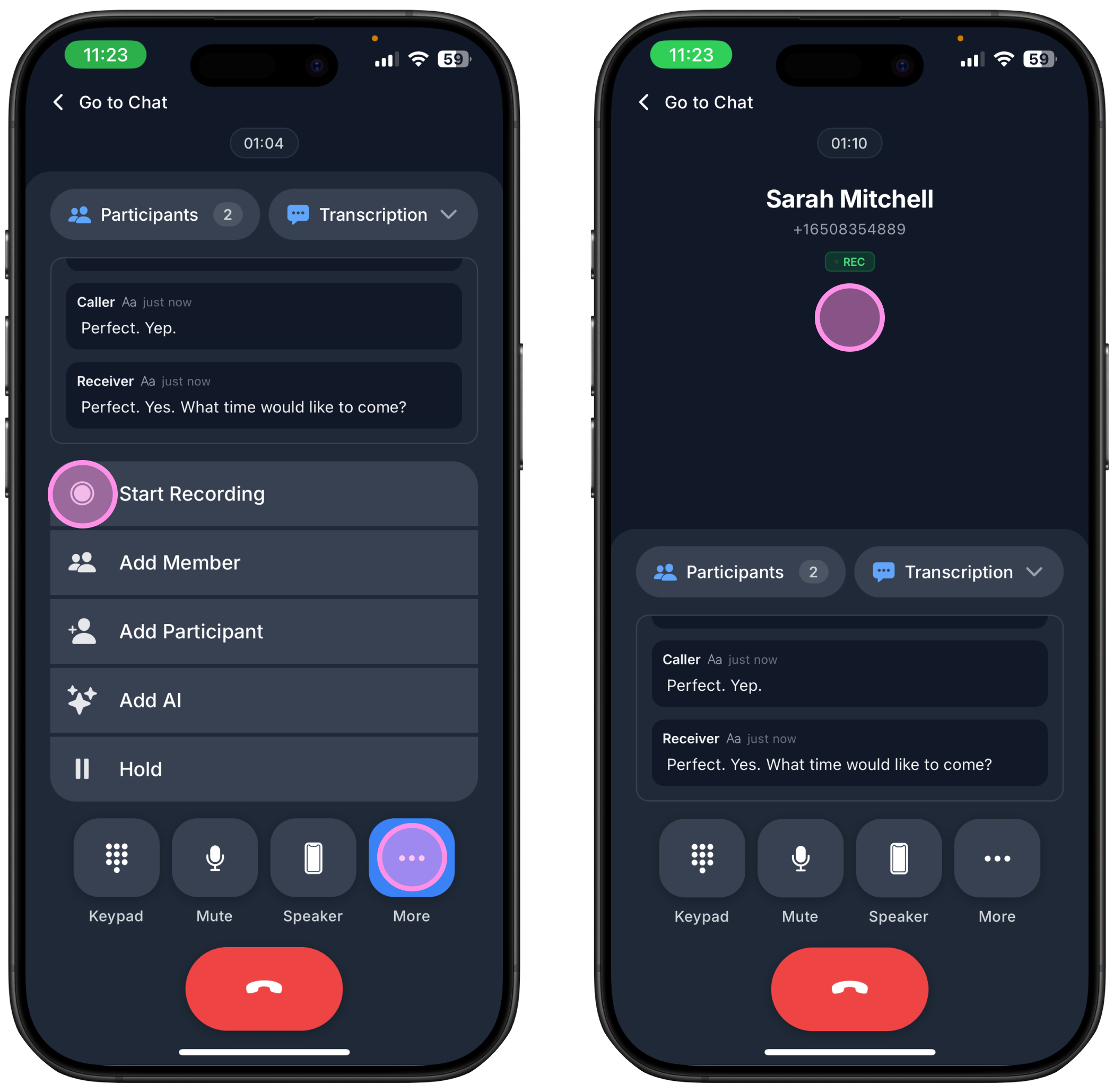 Two screenshots on how to to record a call on Ringo