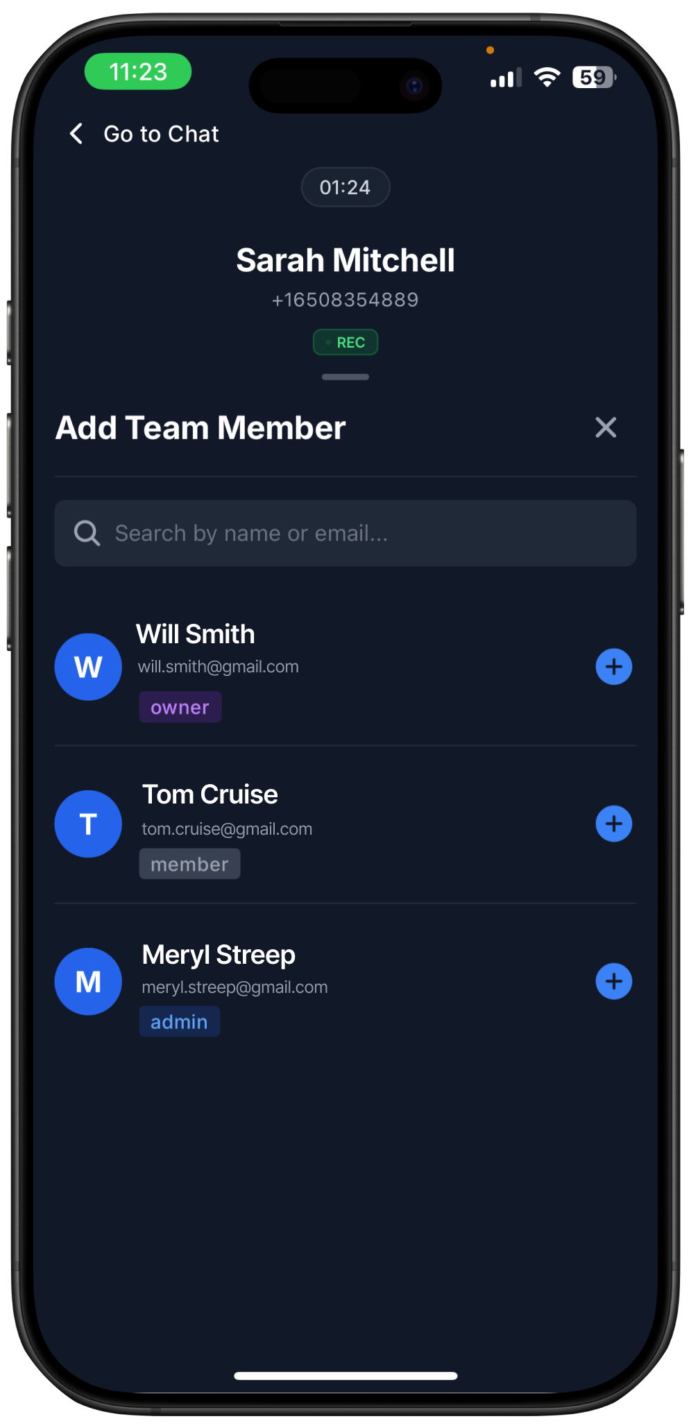 Screenshot on how to add a team member to the call