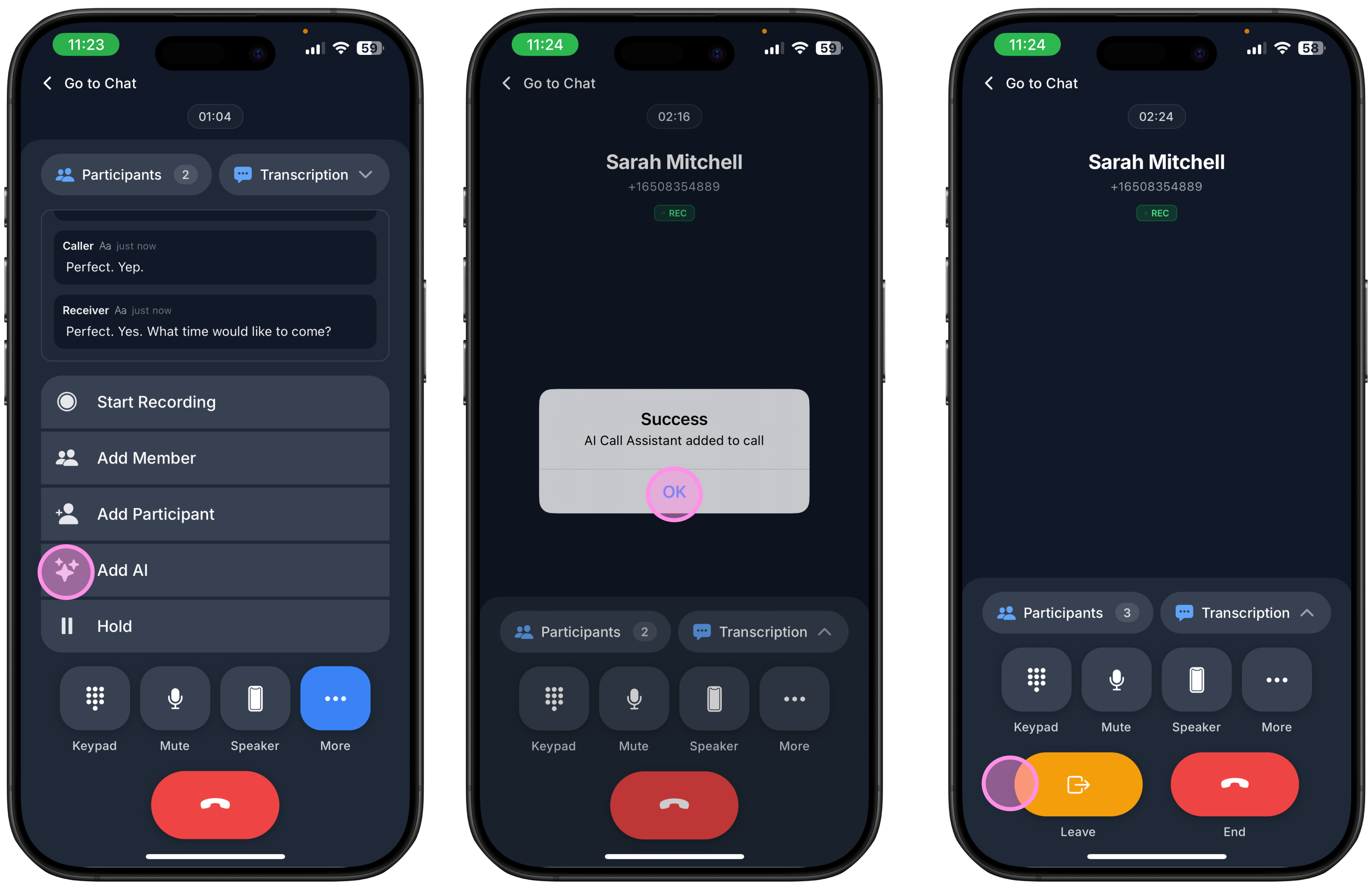three screenshots on how to add AI Call Assistant to the call on Ringo