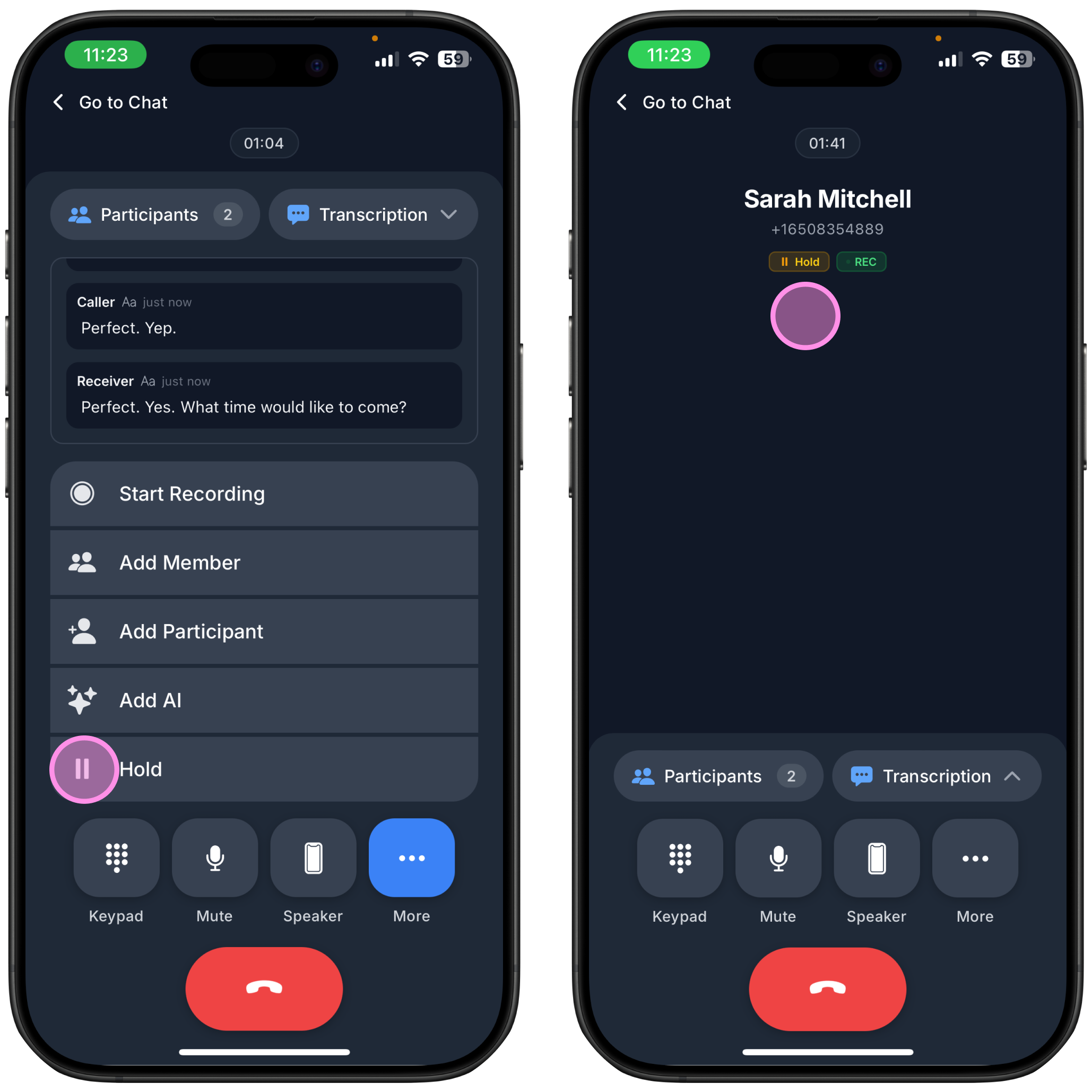 two screenshots on how to put a call on hold on Ringo