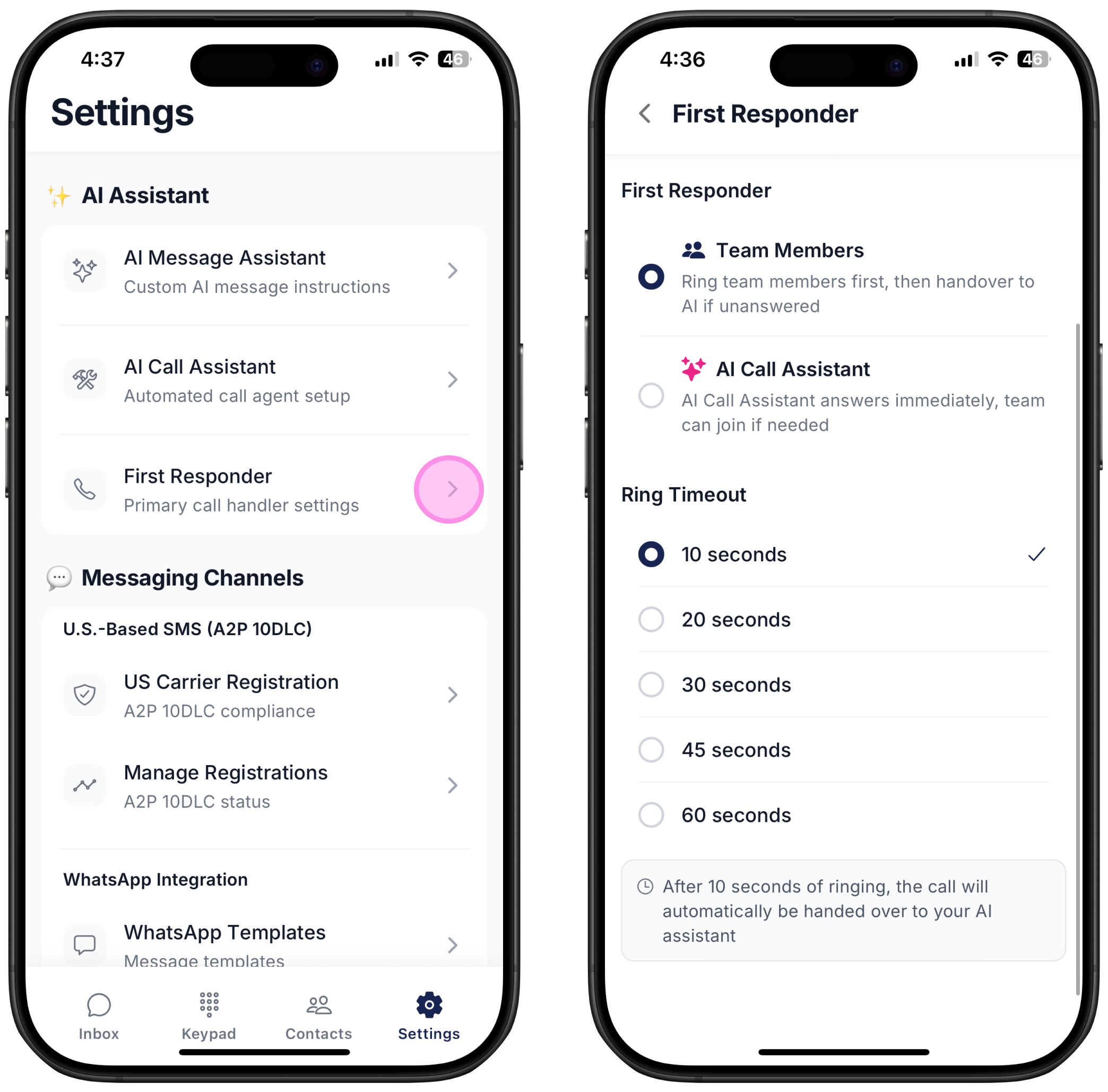two screenshots on how to setup call first responder on Ringo