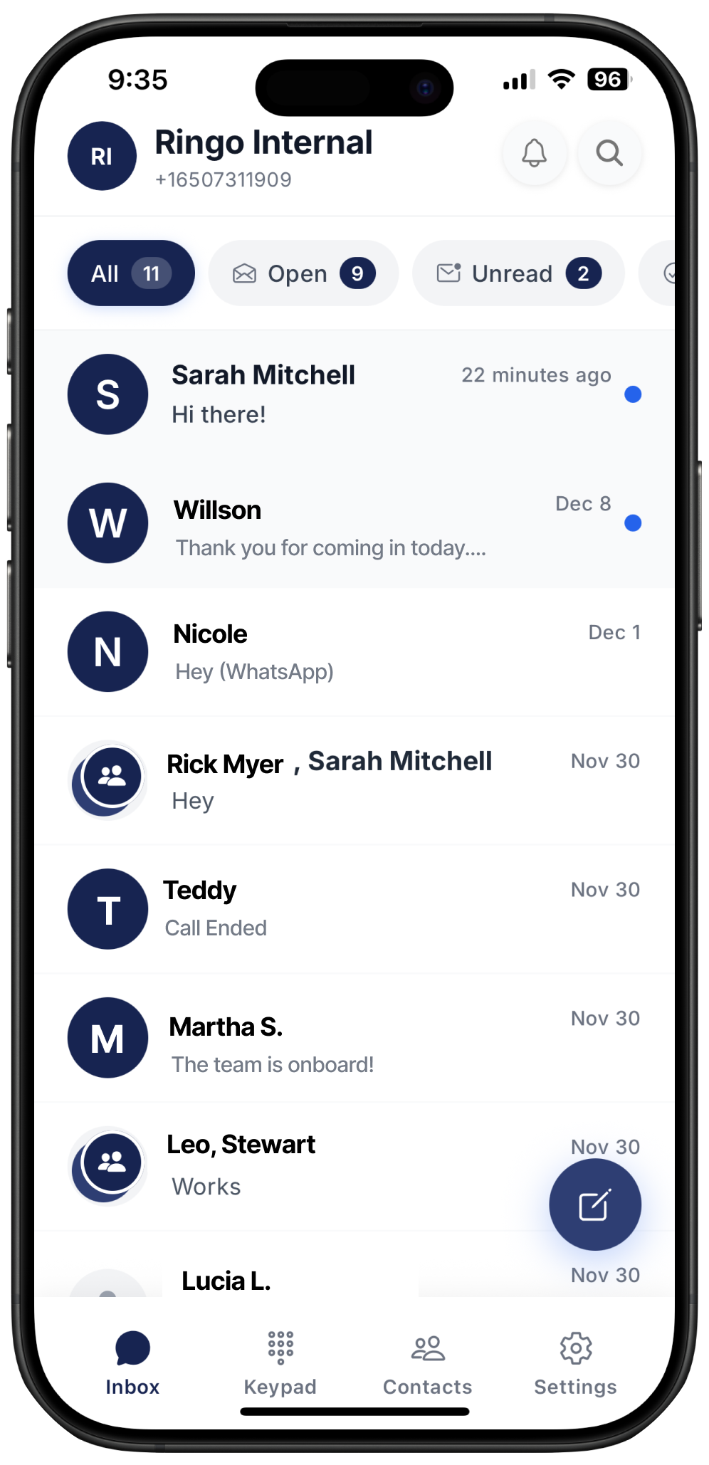 screenshot of Ringo's main inbox