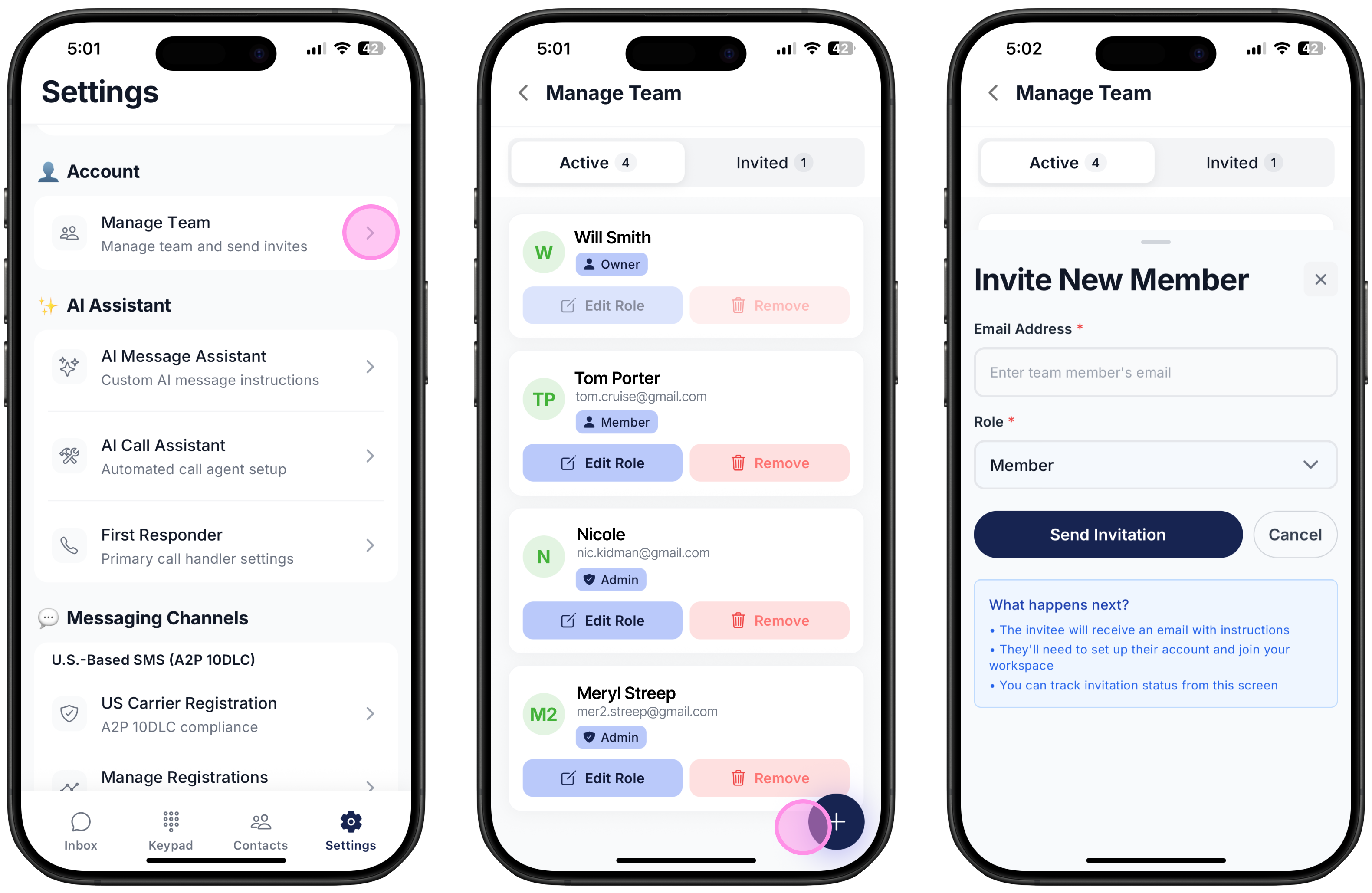 three screenshots on how to add team members to workspace on Ringo