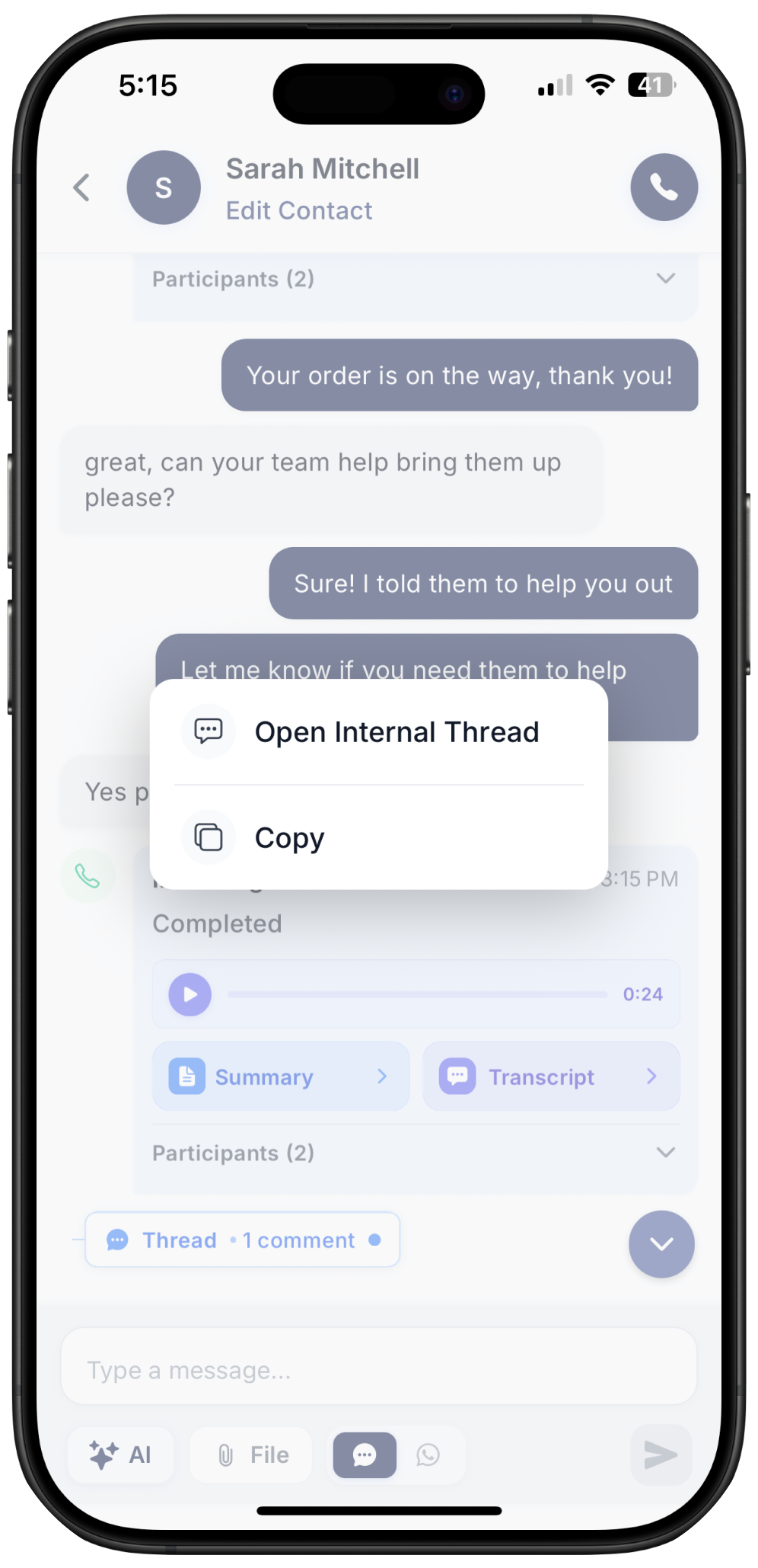 screenshot showing how to open internal thread on Ringo