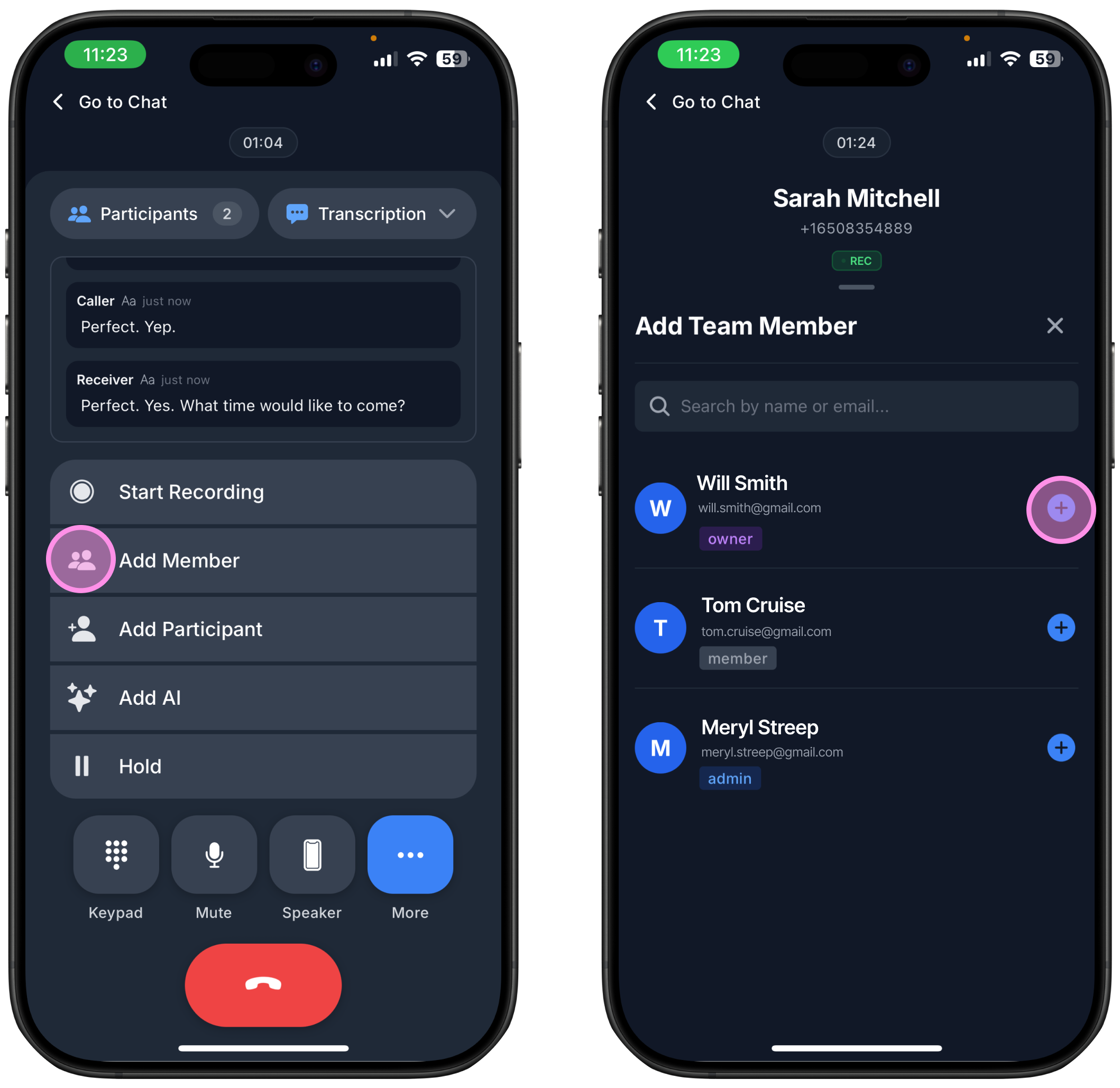 two screenshots showing how to add a team member to a call on Ringo