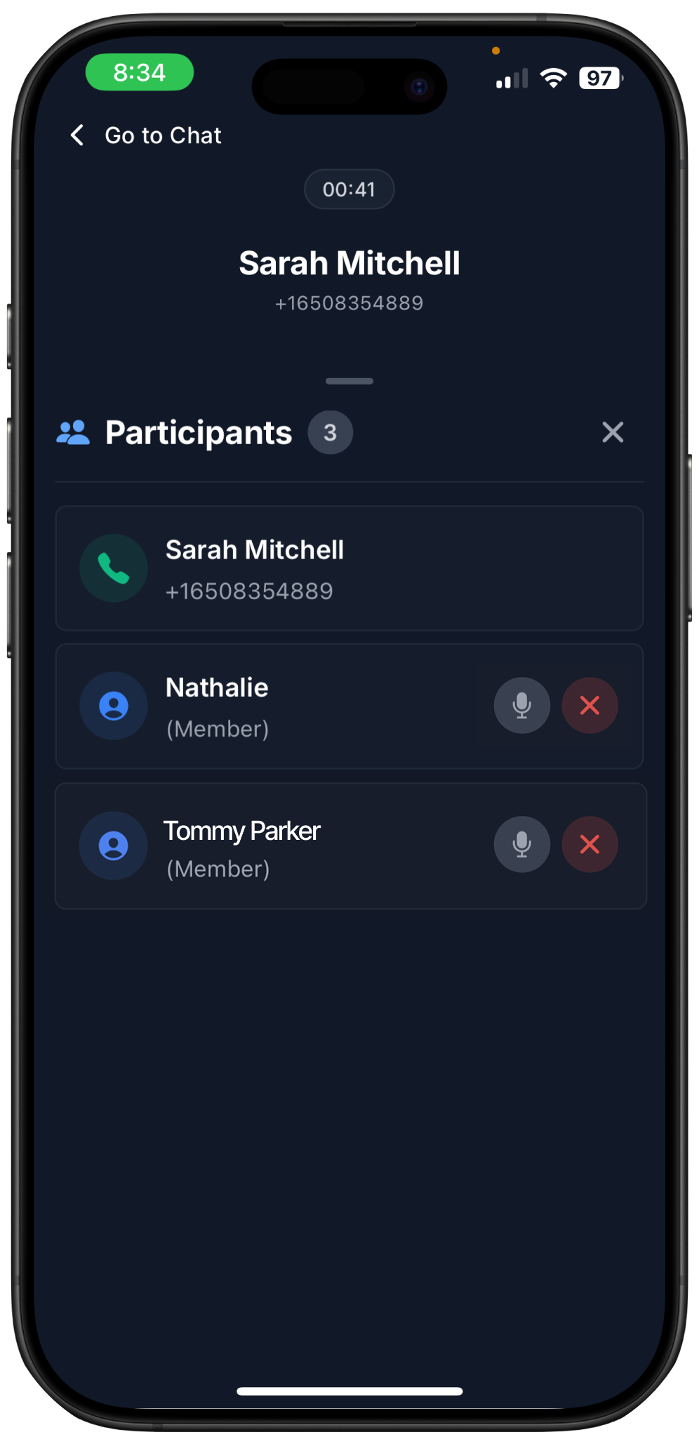 screenshot how you mute or remove member from call on Ringo