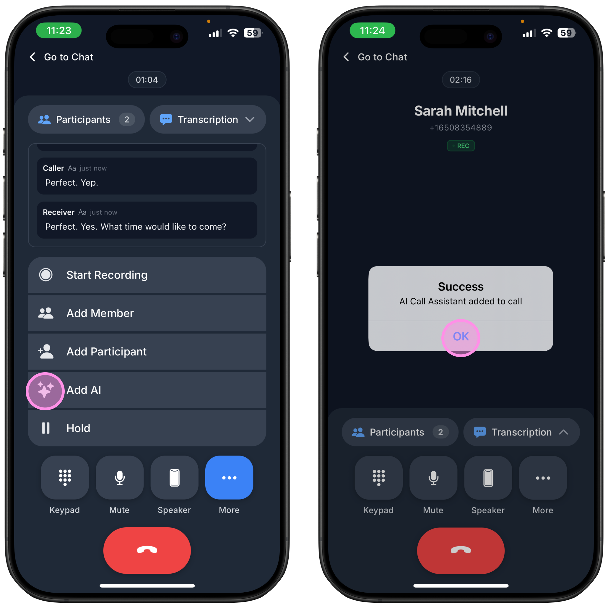 two screenshots showing how to add AI Call Assistant to a call on Ringo