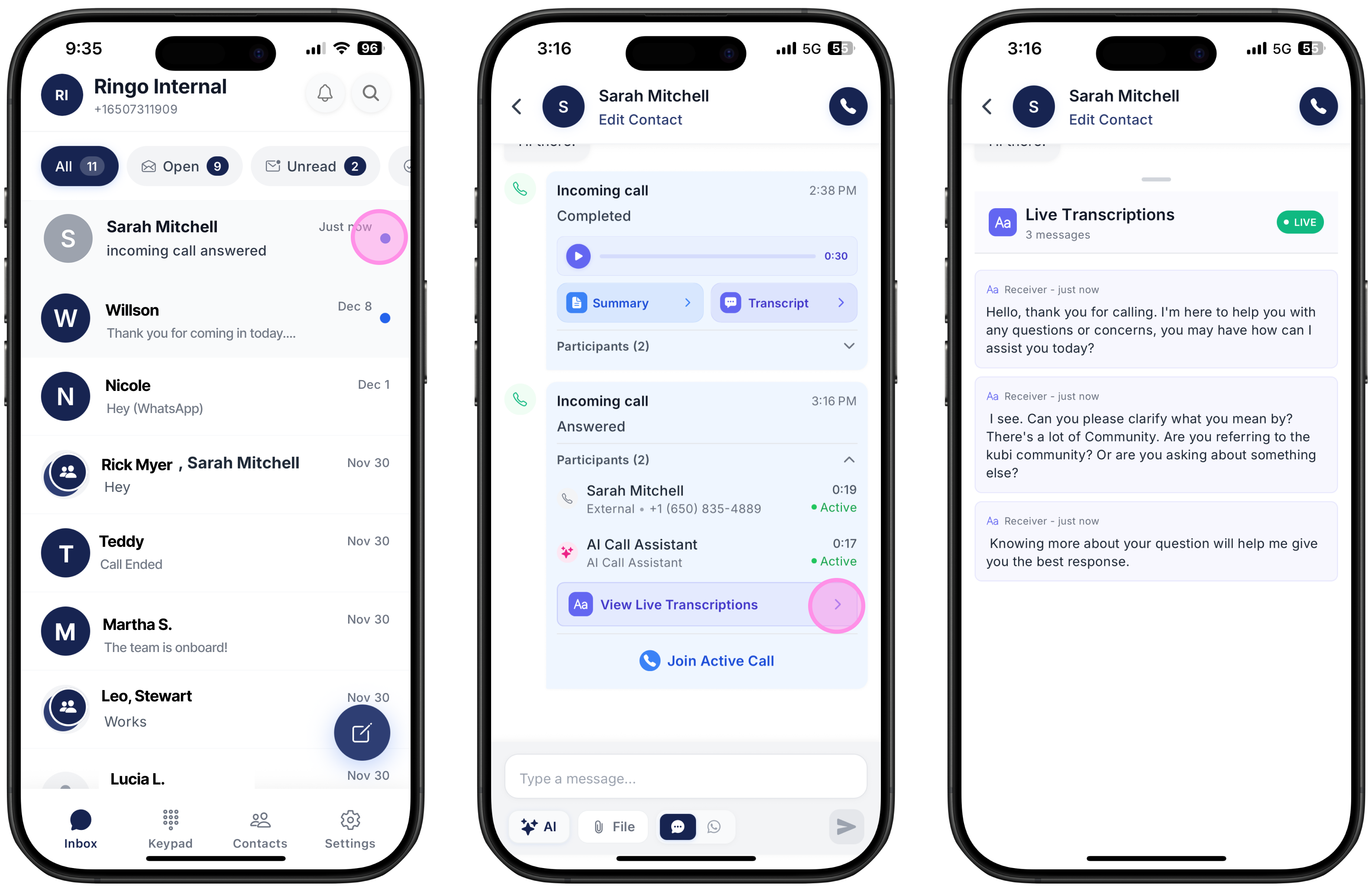 three screenshots showing how to check ongoing call transcriptions on Ringo