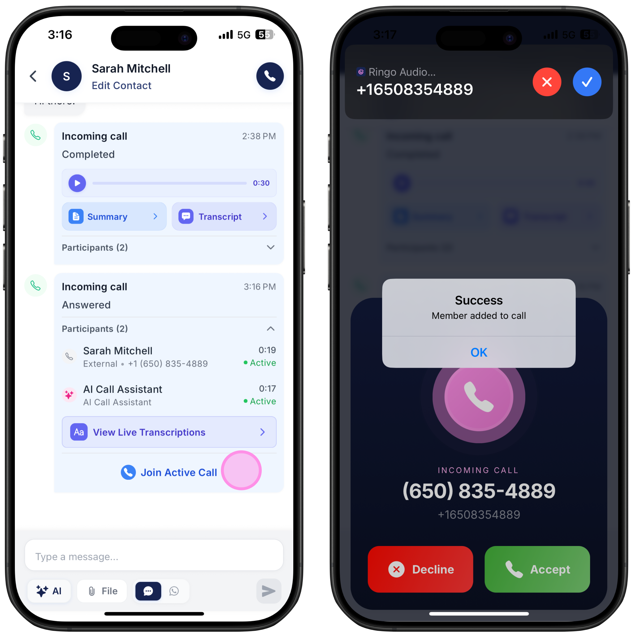 two screenshots showing how to join an active call on Ringo