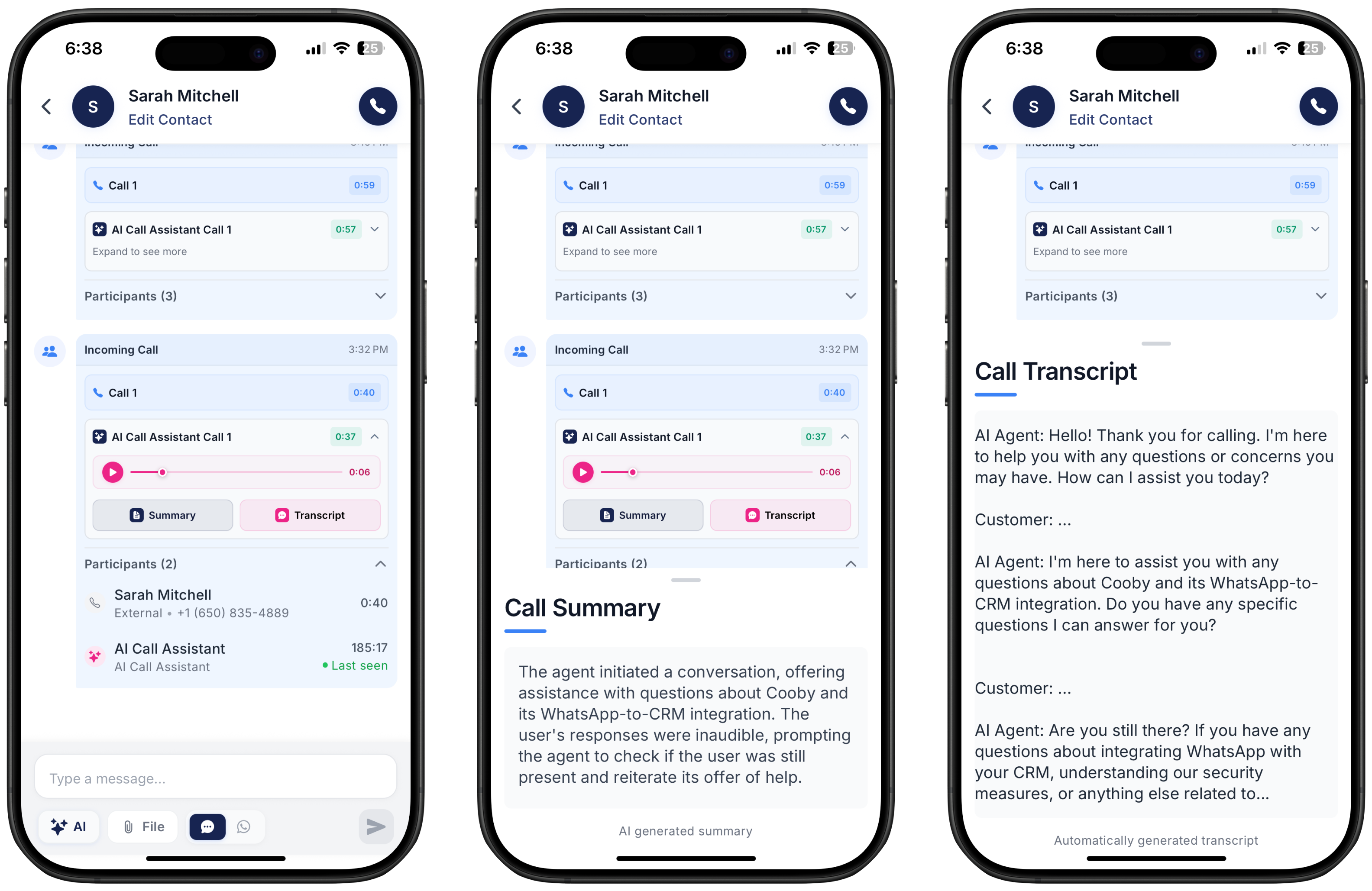 three screenshots showing how to check call record, call summary and transcript on Ringo
