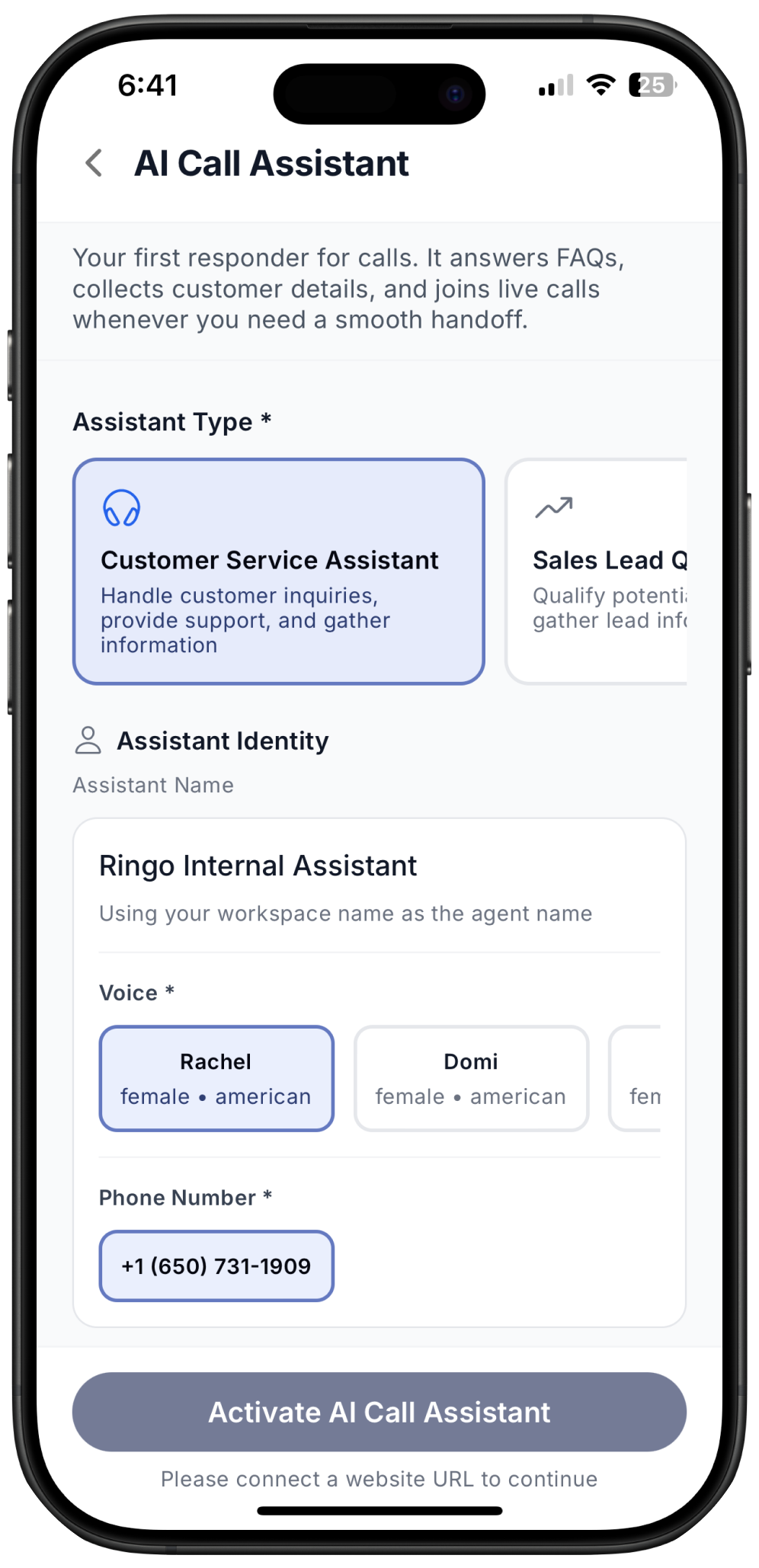 Screenshot showing how to pick AI call assistant type on Ringo