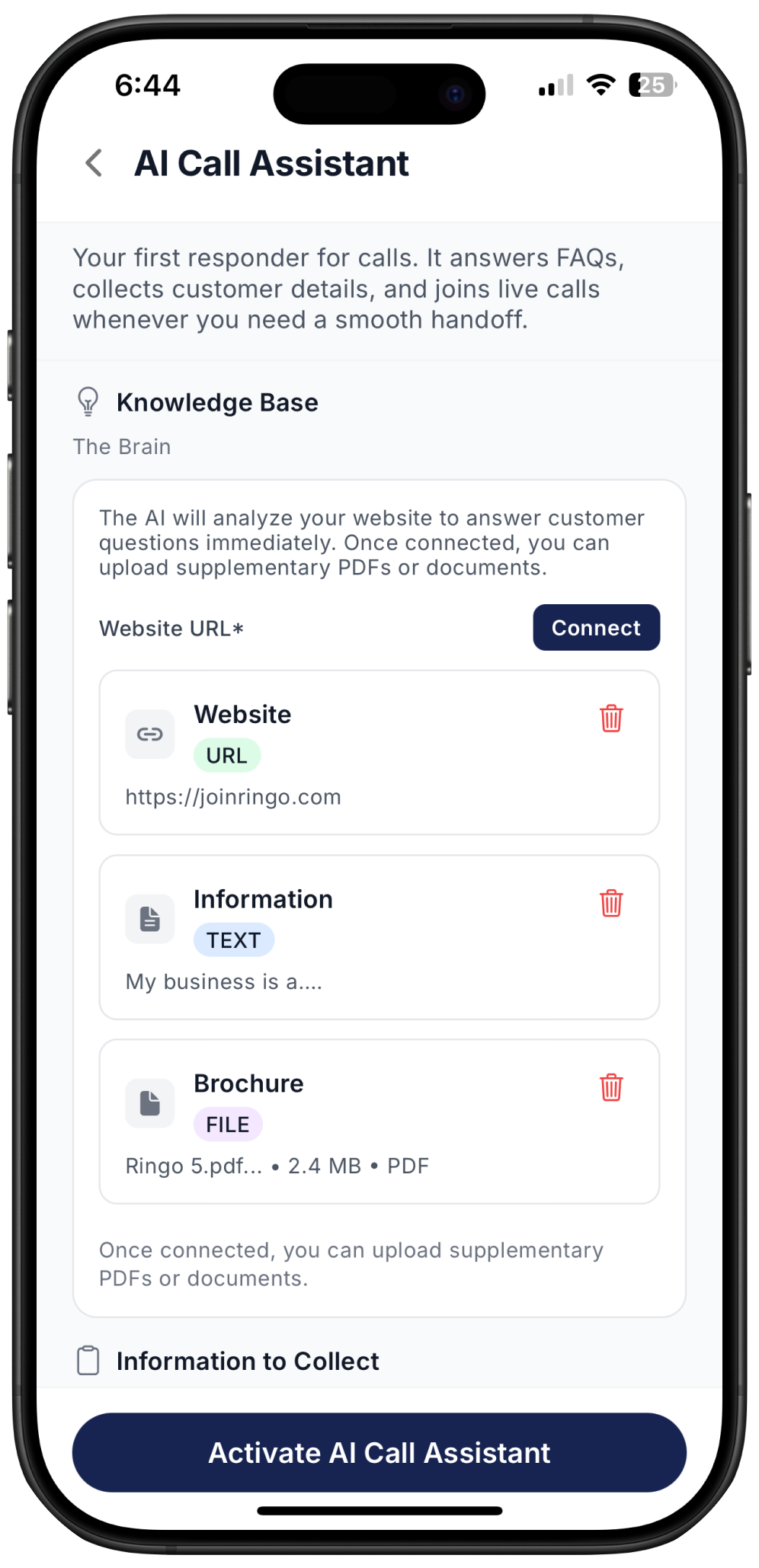Screenshot showing how to upload documents to AI call assistant knowledge base on Ringo