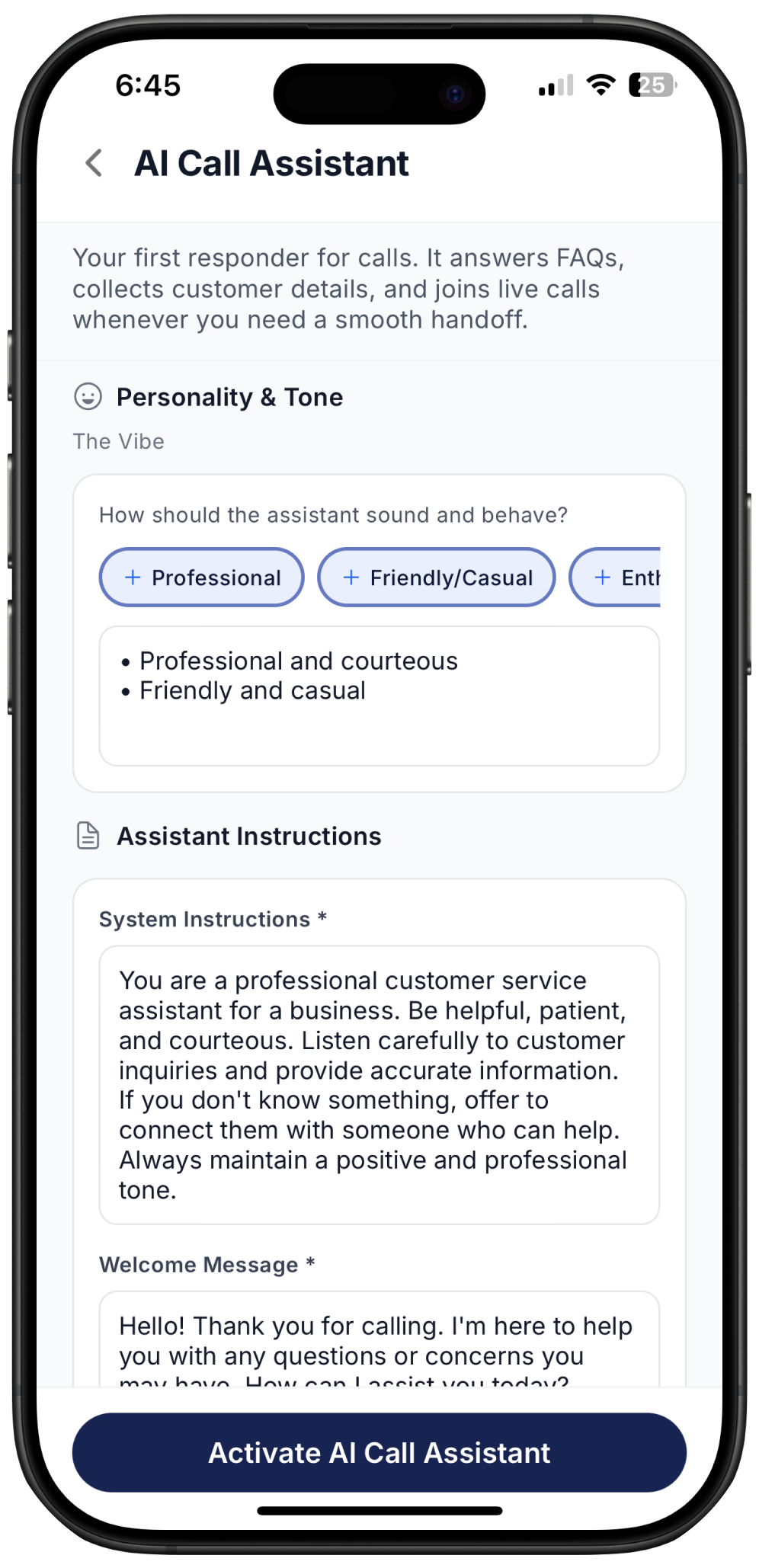 screenshot showing how to pick a personality for Ai call assistant on Ringo