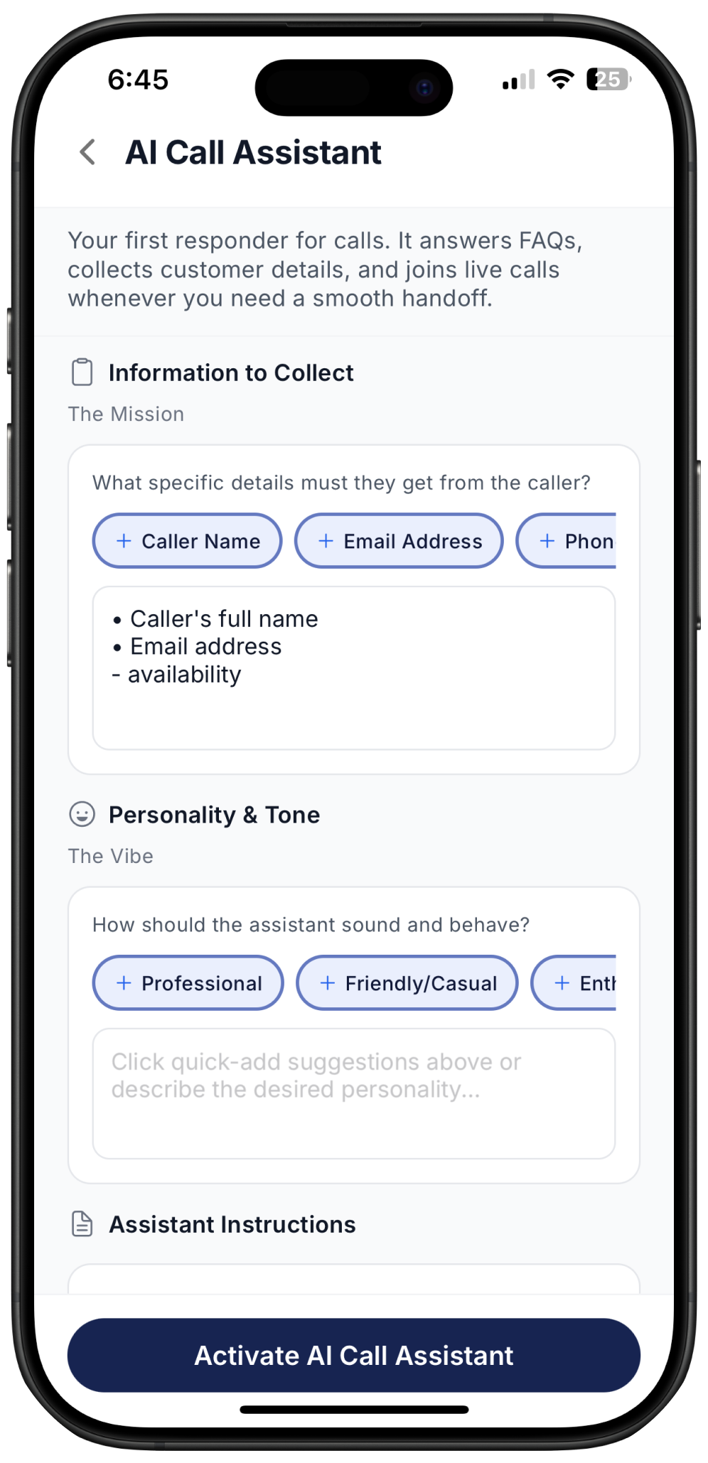screenshot showing how to add information to be collected on AI call assistant in Ringo