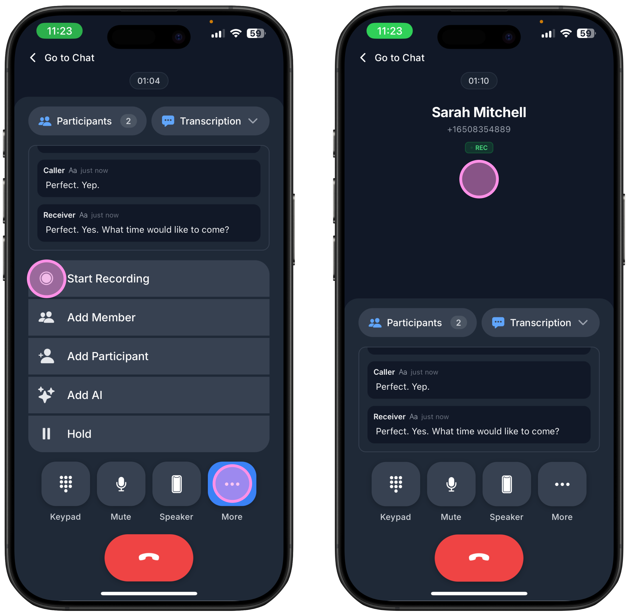 two screenshots showing how to record a call in Ringo