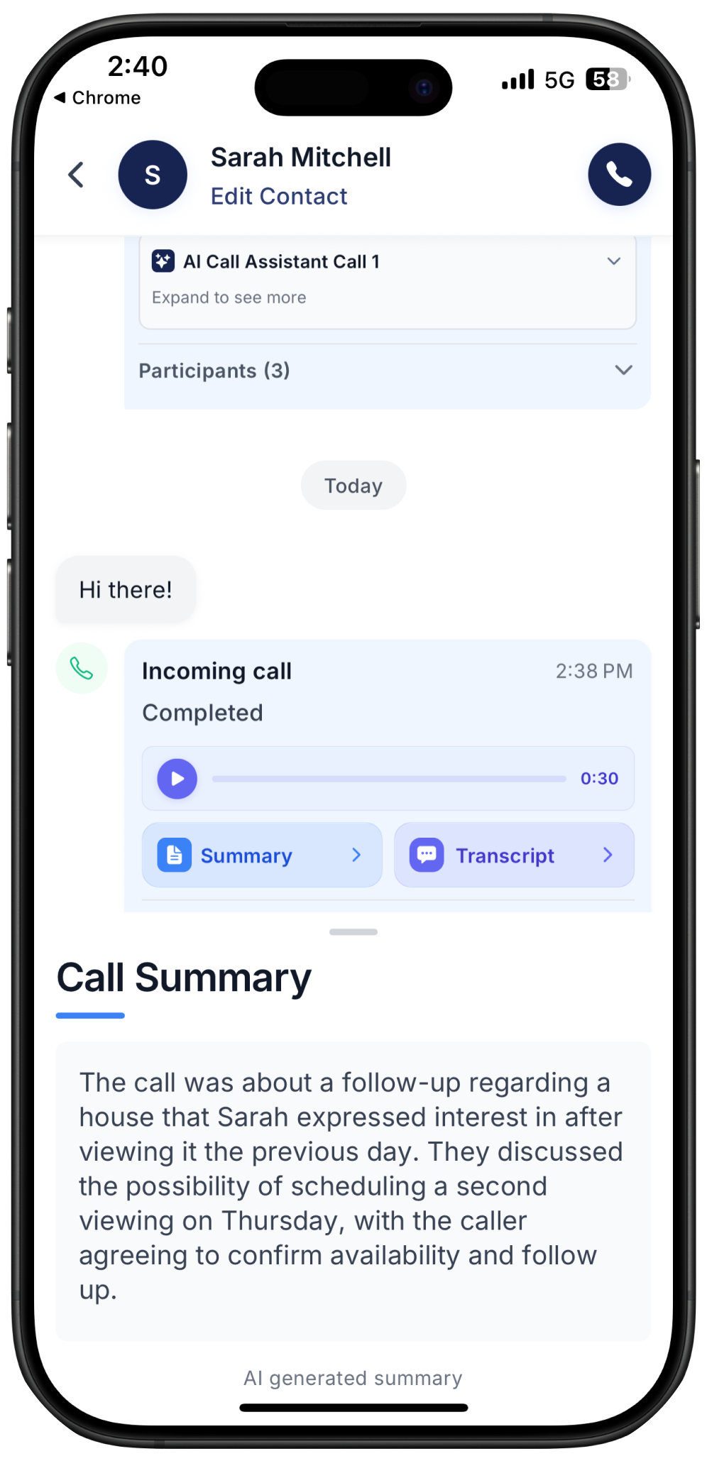 screenshot showing how to access call summary on Ringo