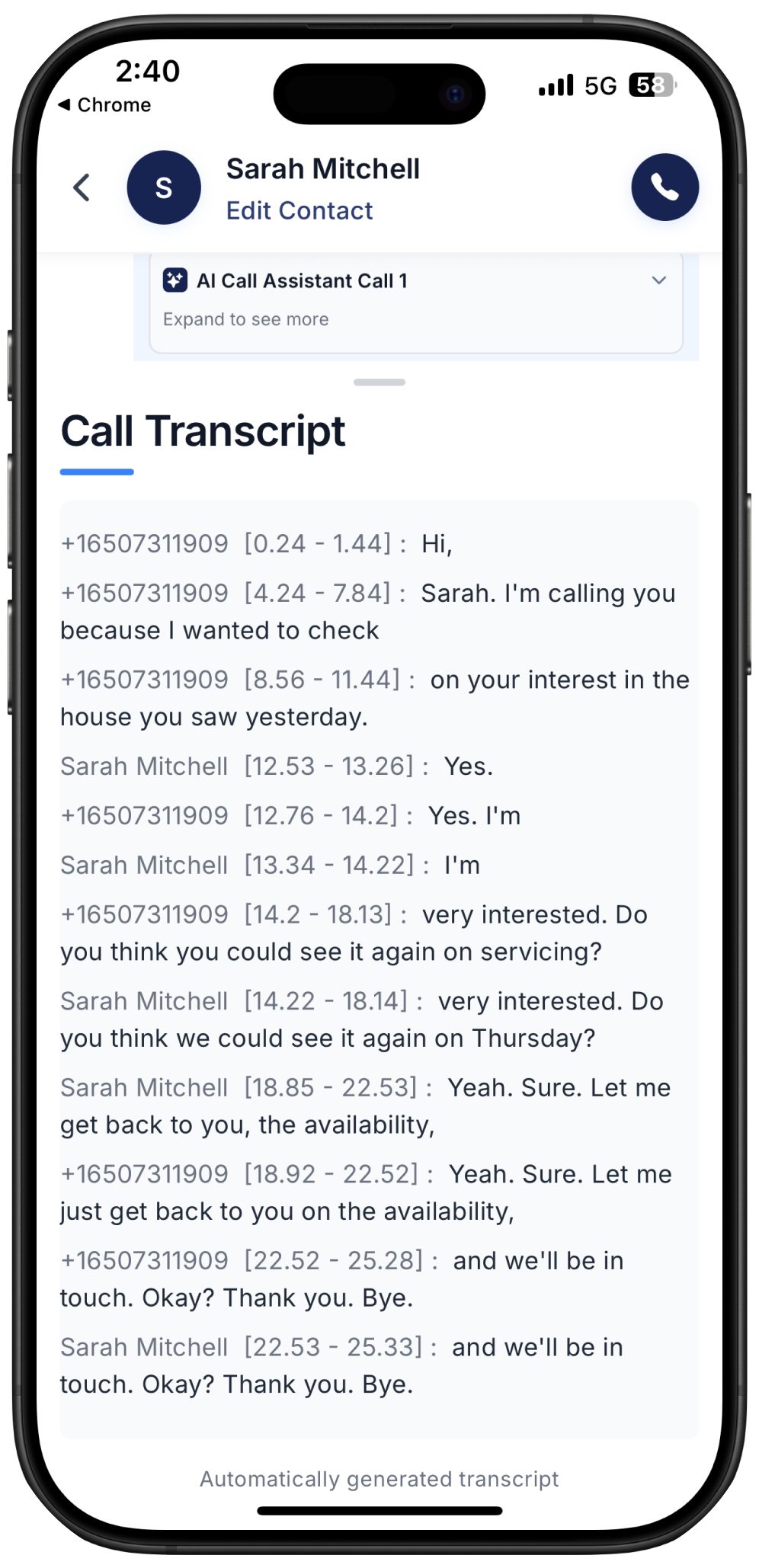 screenshot showing how call transcript looks on Ringo