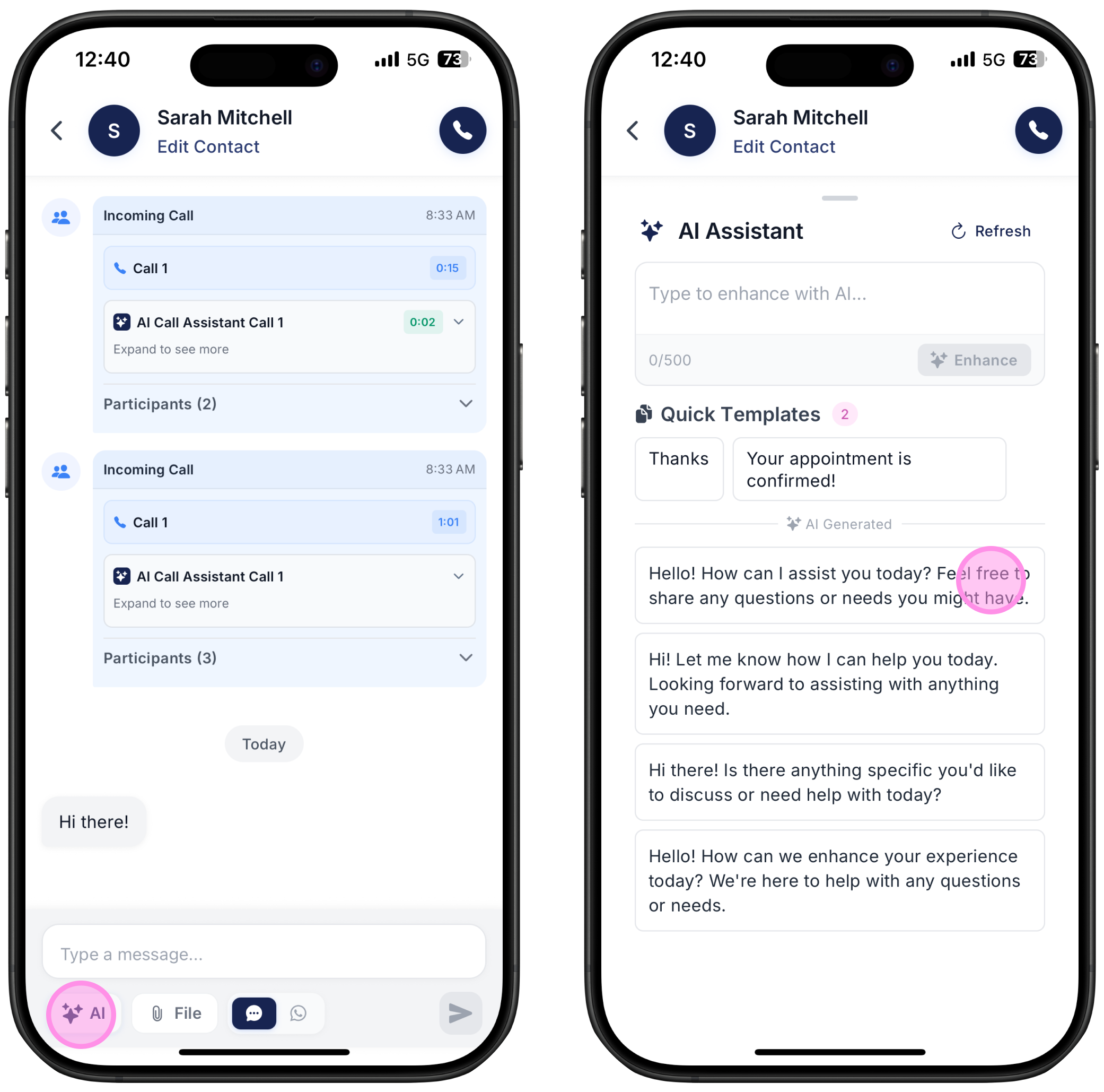 two screenshots showing how to check message suggestions on Ringo