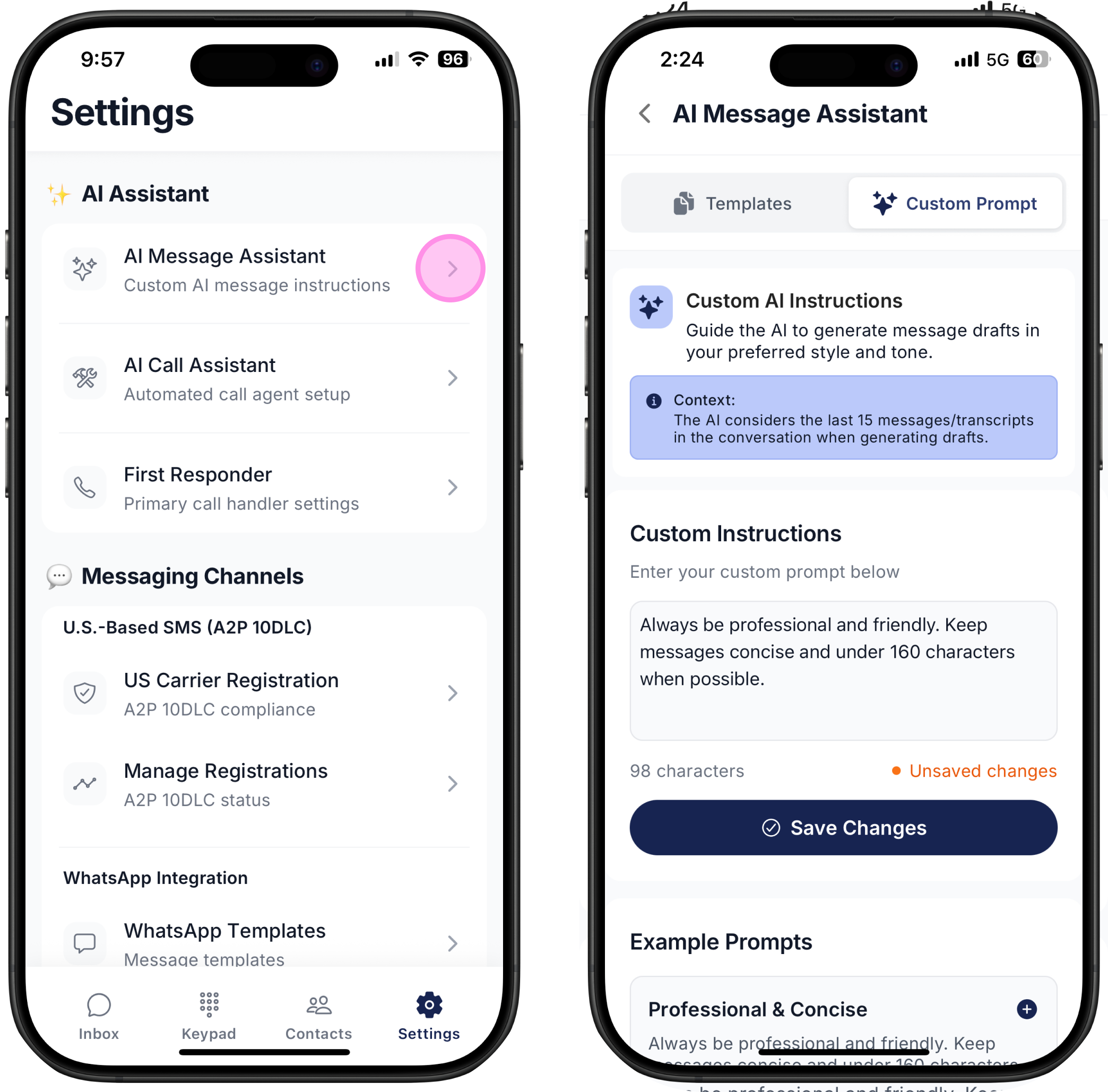 two screenshots showing how to access AI Message Assistant setup in Ringo
