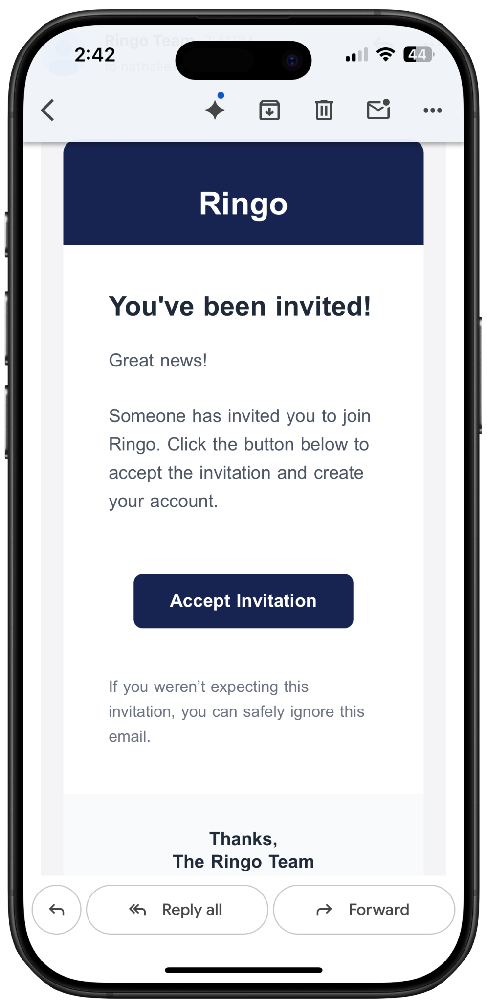 Screenshot of how to accept Ringo's invite on email