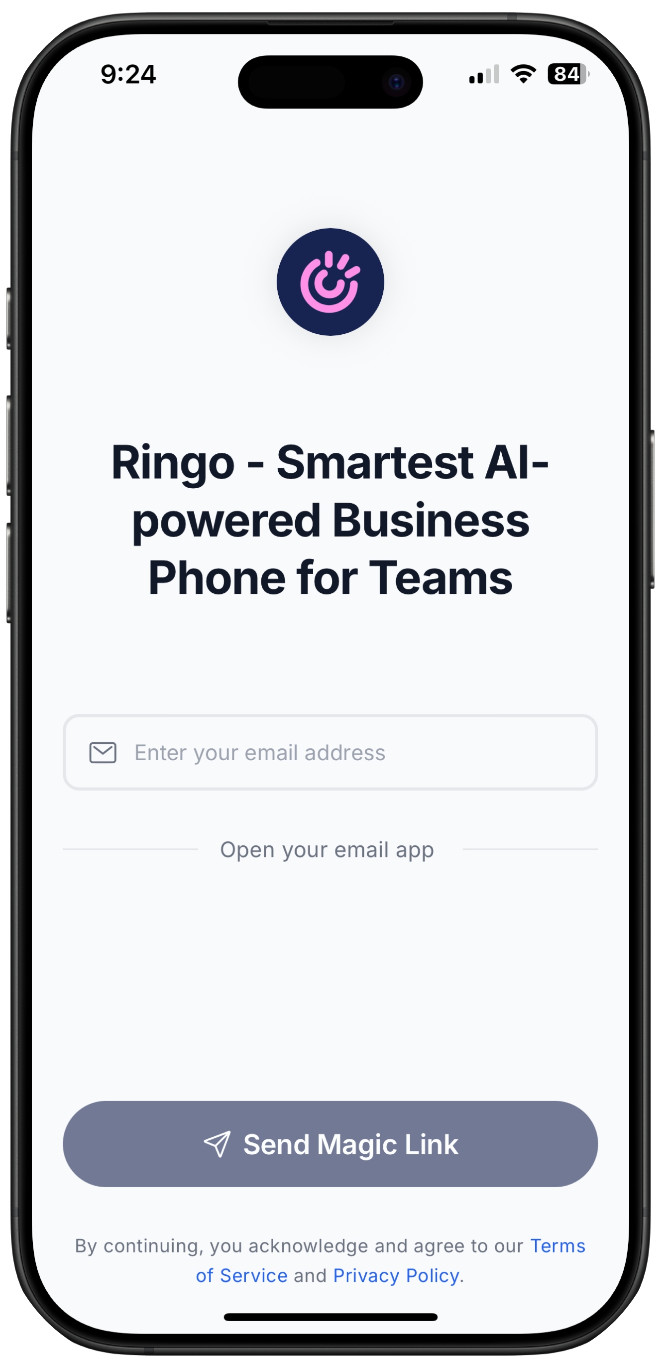Screenshot of how to insert email to log into Ringo