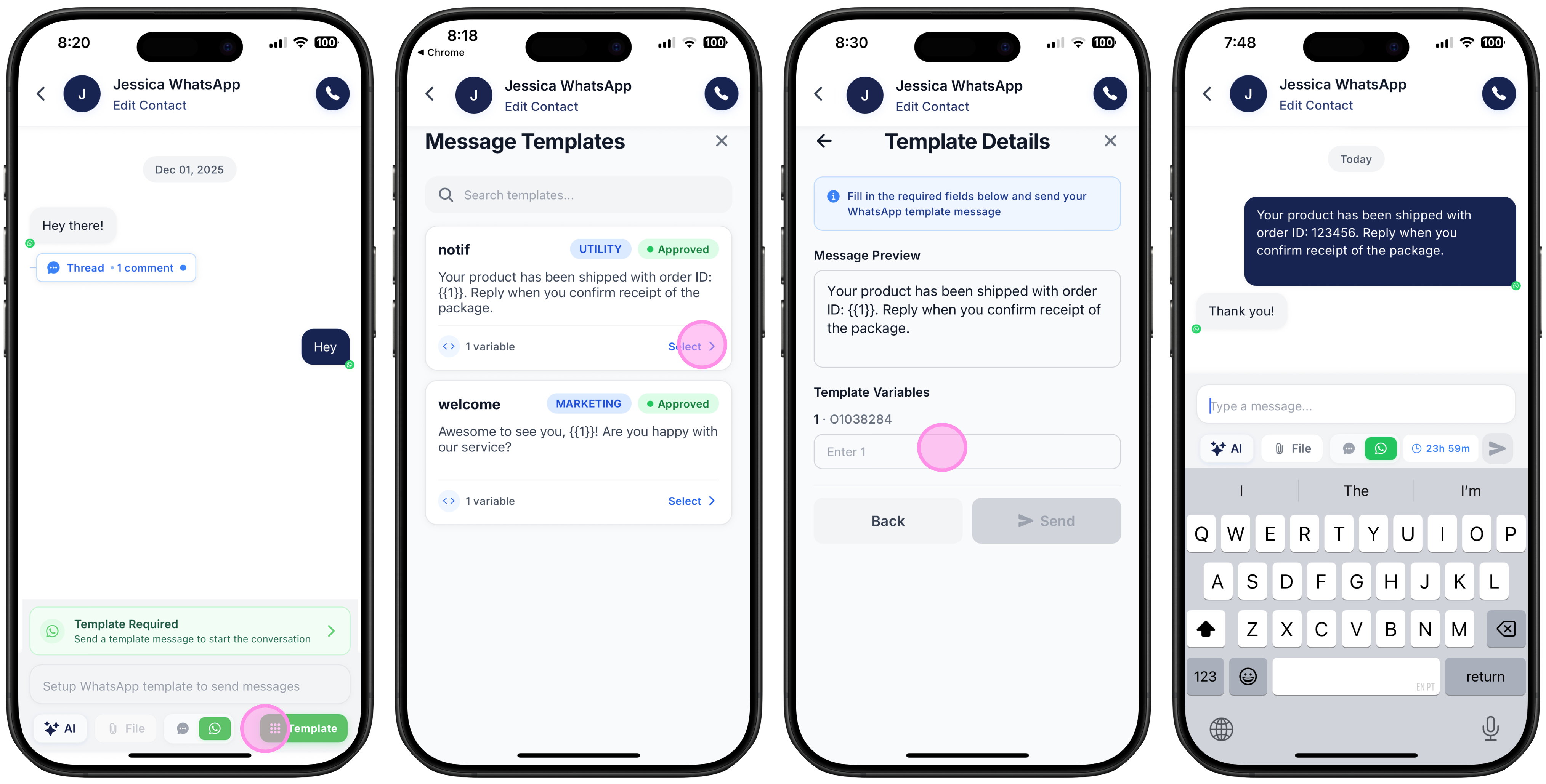 four screenshots on how to send a WhatsApp template on Ringo