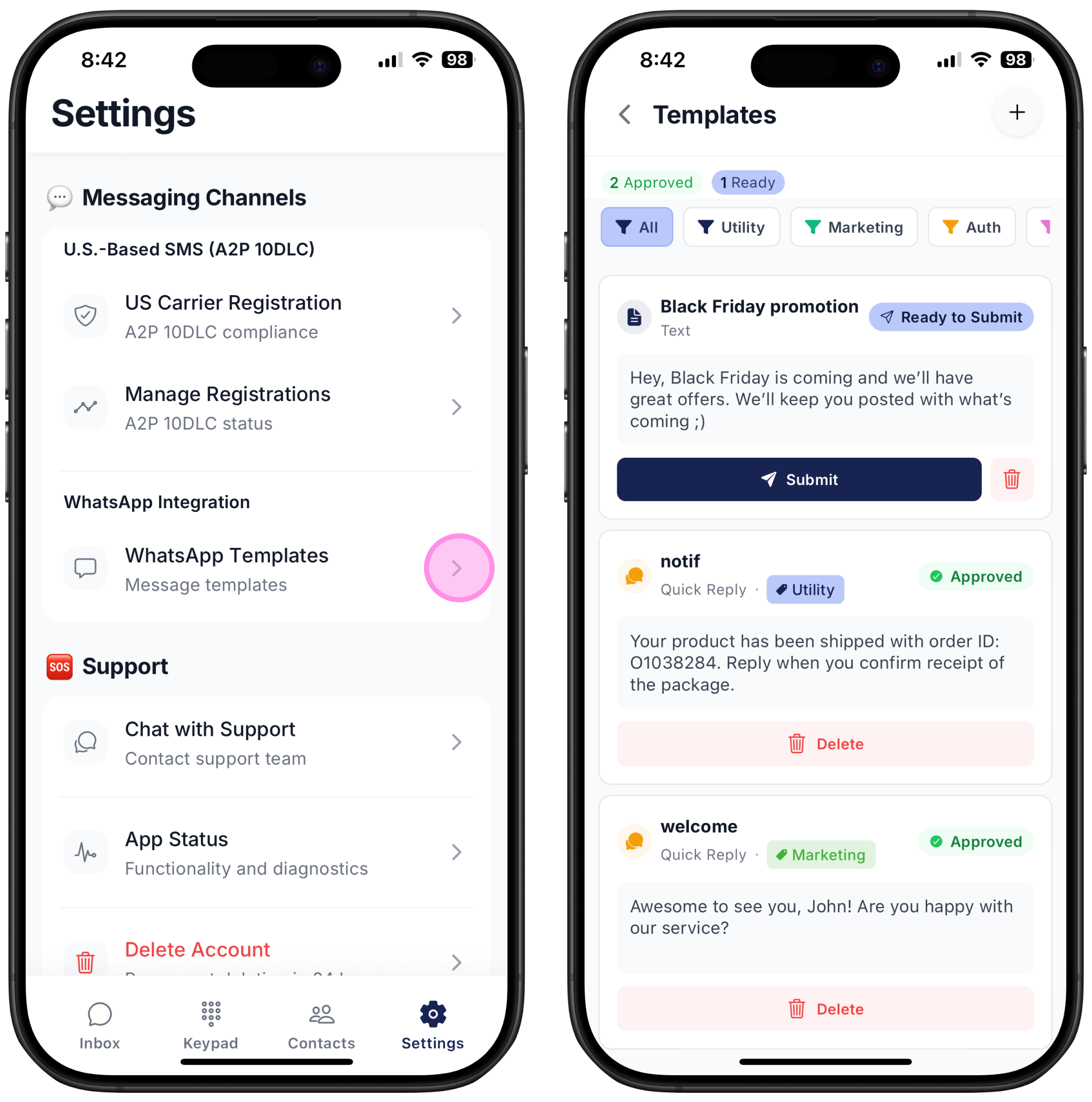 two screenshots on how to create a new WhatsApp template on Ringo